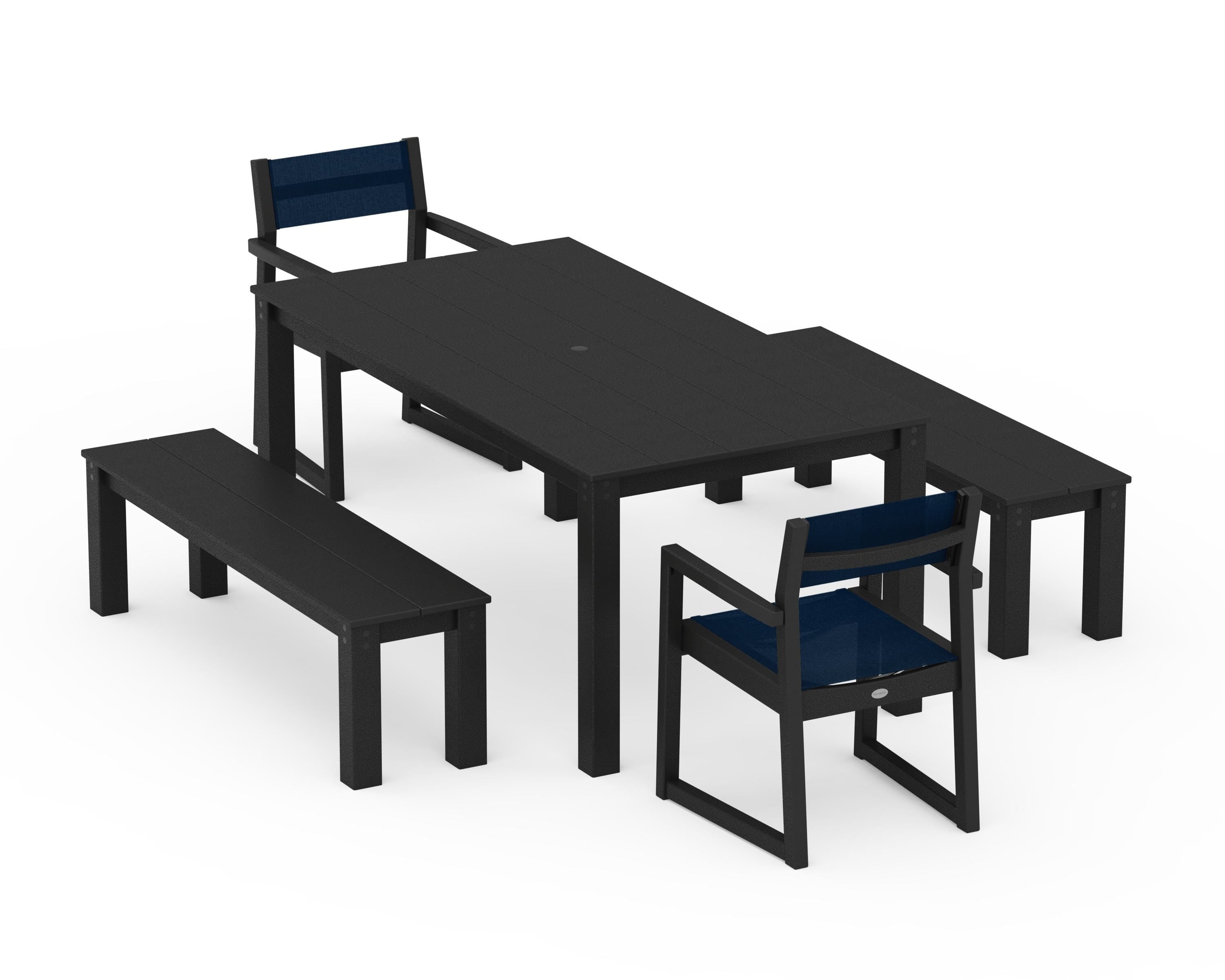 POLYWOOD EDGE Sling Arm Chair 5-Piece Parsons Dining Set with Benches in Black / Navy Blue Sling