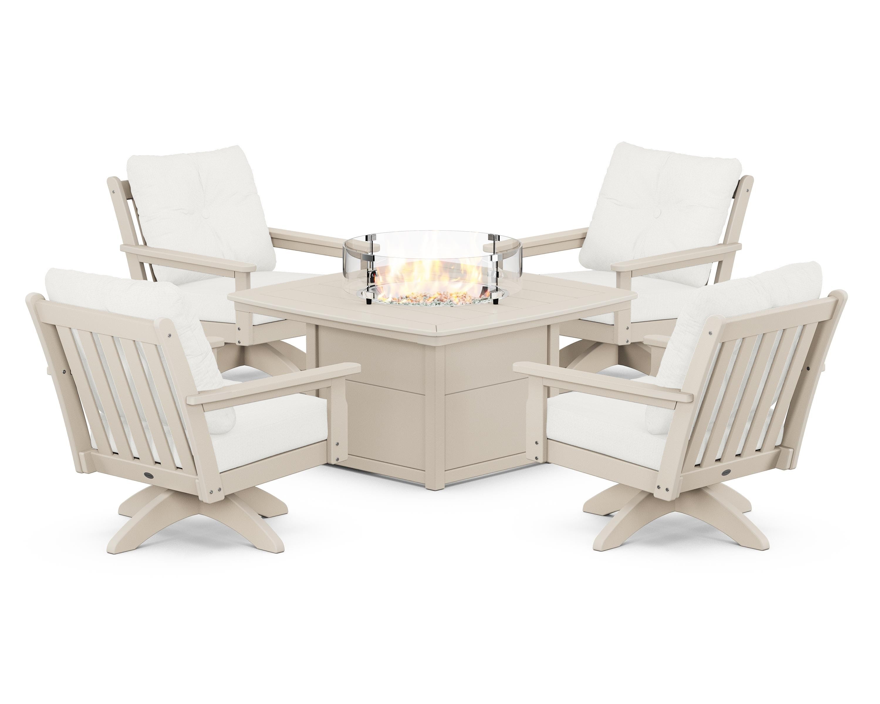 POLYWOOD Vineyard 5-Piece Deep Seating Swivel Conversation Set with Fire Pit Table in Sand / Natural Linen