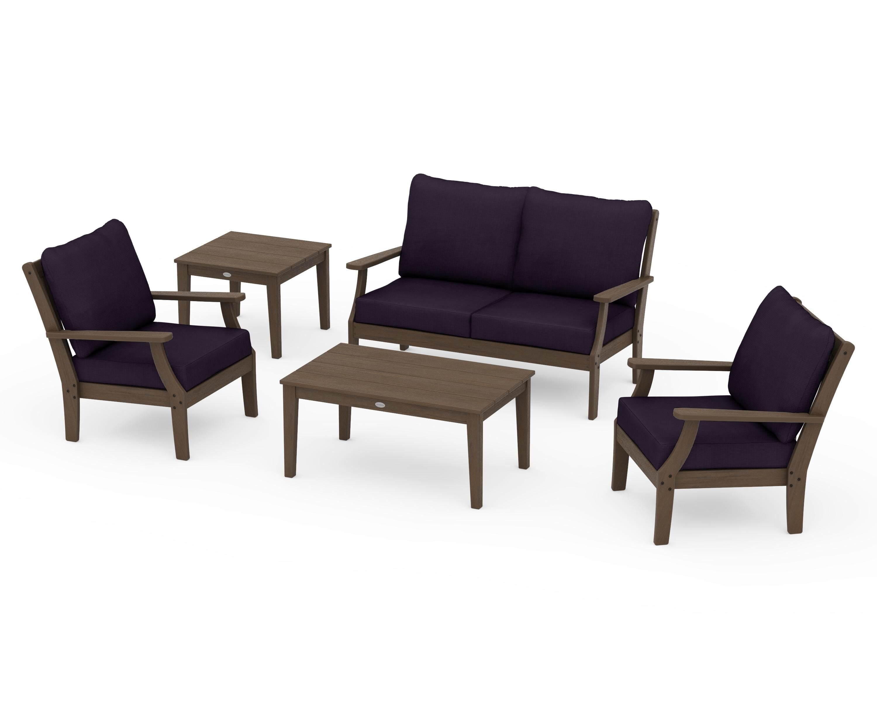 POLYWOOD Braxton 5-Piece Deep Seating Set in Kona / Navy Linen