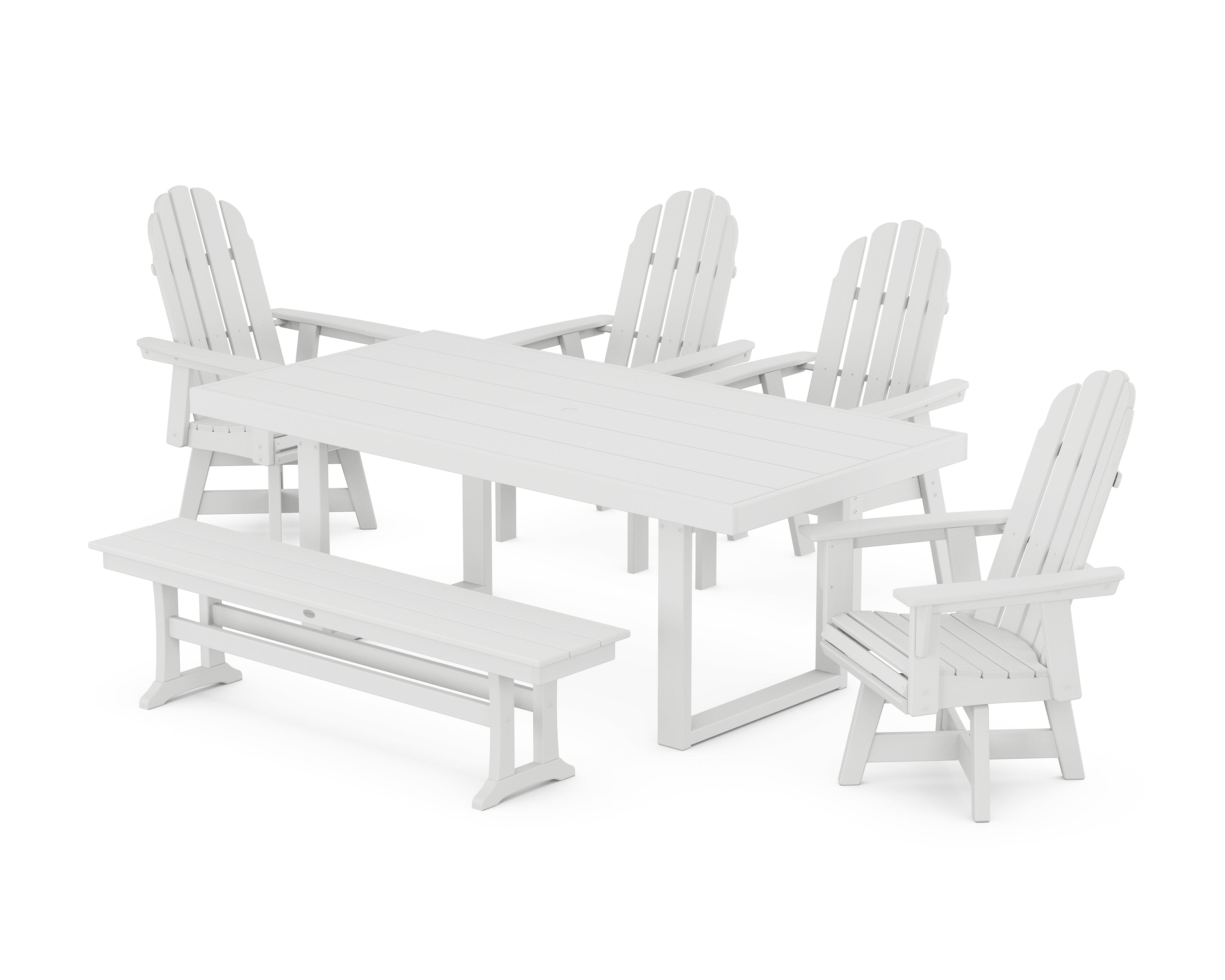 POLYWOOD® Vineyard Curveback Adirondack Swivel Chair 6-Piece Dining Set with Bench in White