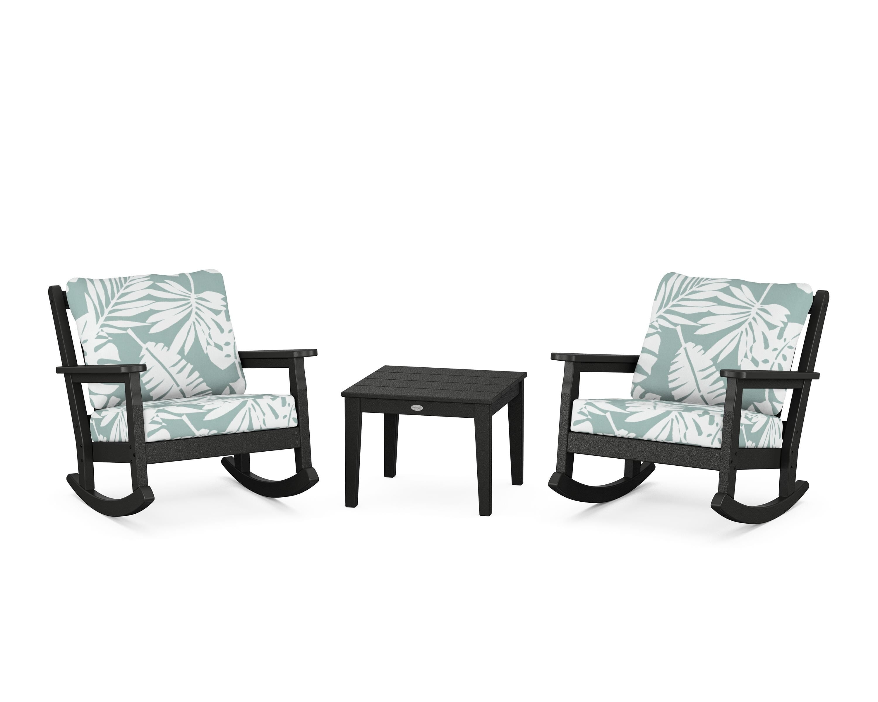 POLYWOOD Chippendale 3-Piece Deep Seating Rocker Set in Black / Leaf Glacier Spa