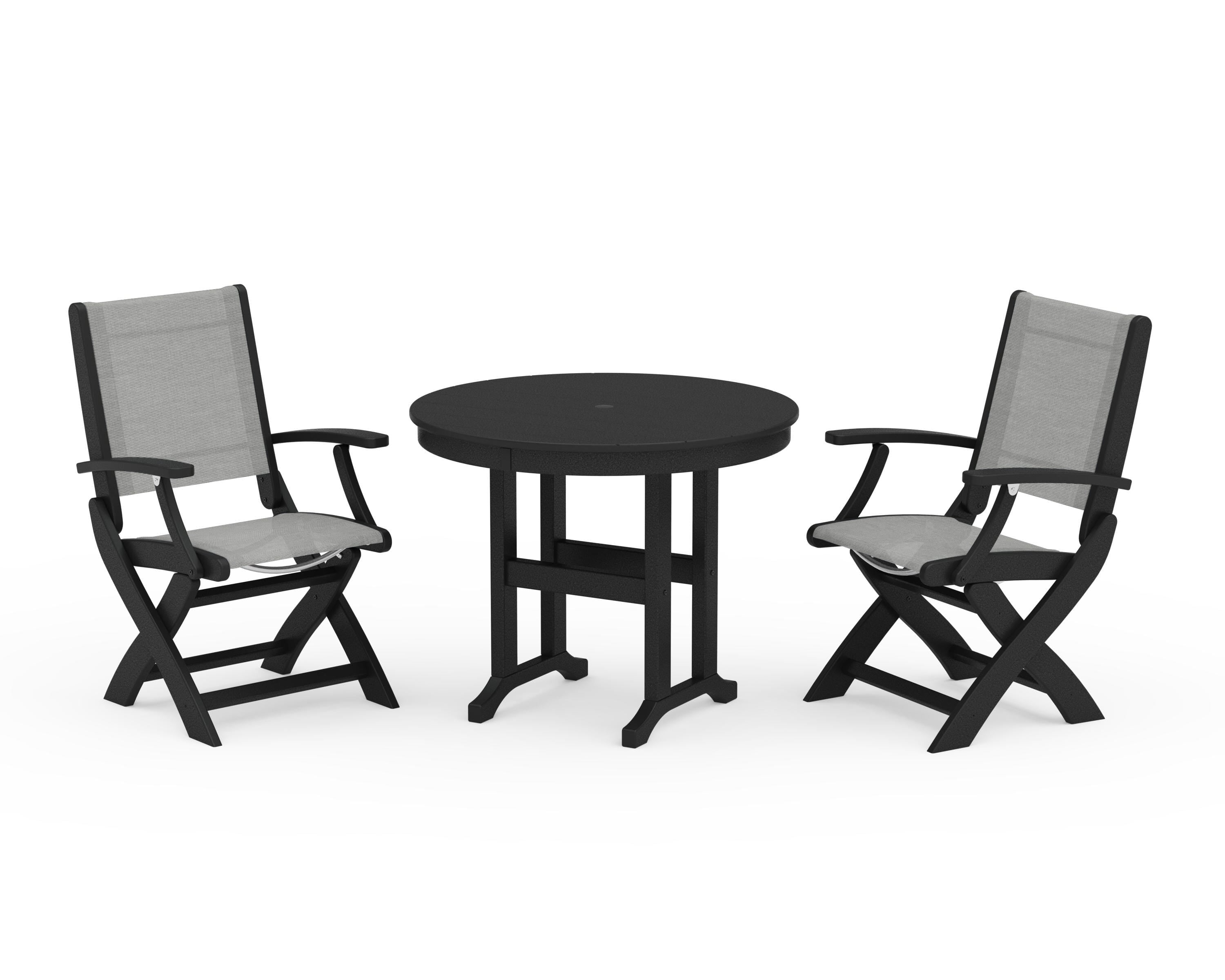 POLYWOOD Coastal Folding Chair 3-Piece Round Dining Set in Black / Metallic Sling