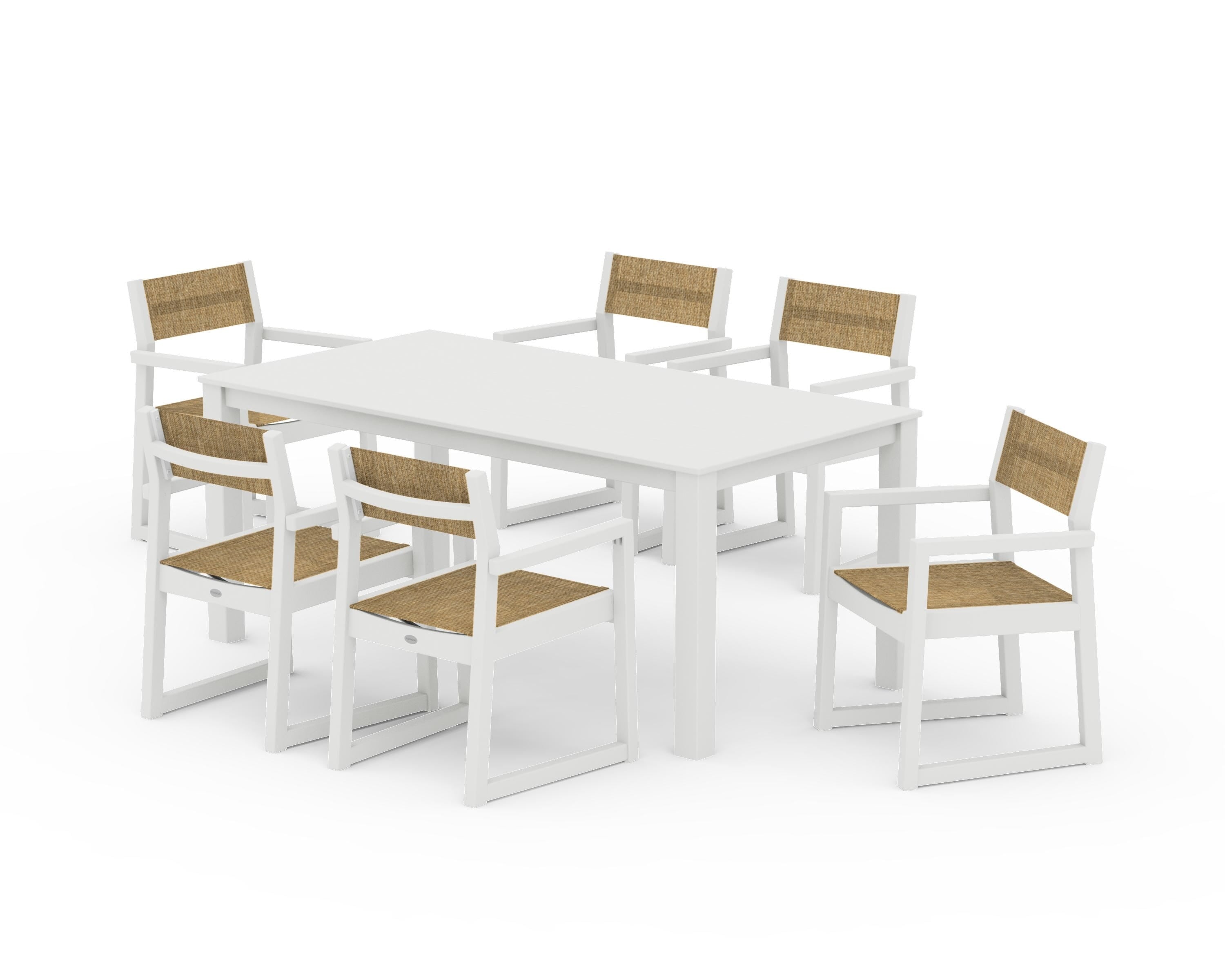 POLYWOOD EDGE Sling Arm Chair 7-Piece Parsons Dining Set in Vintage White / Burlap Sling