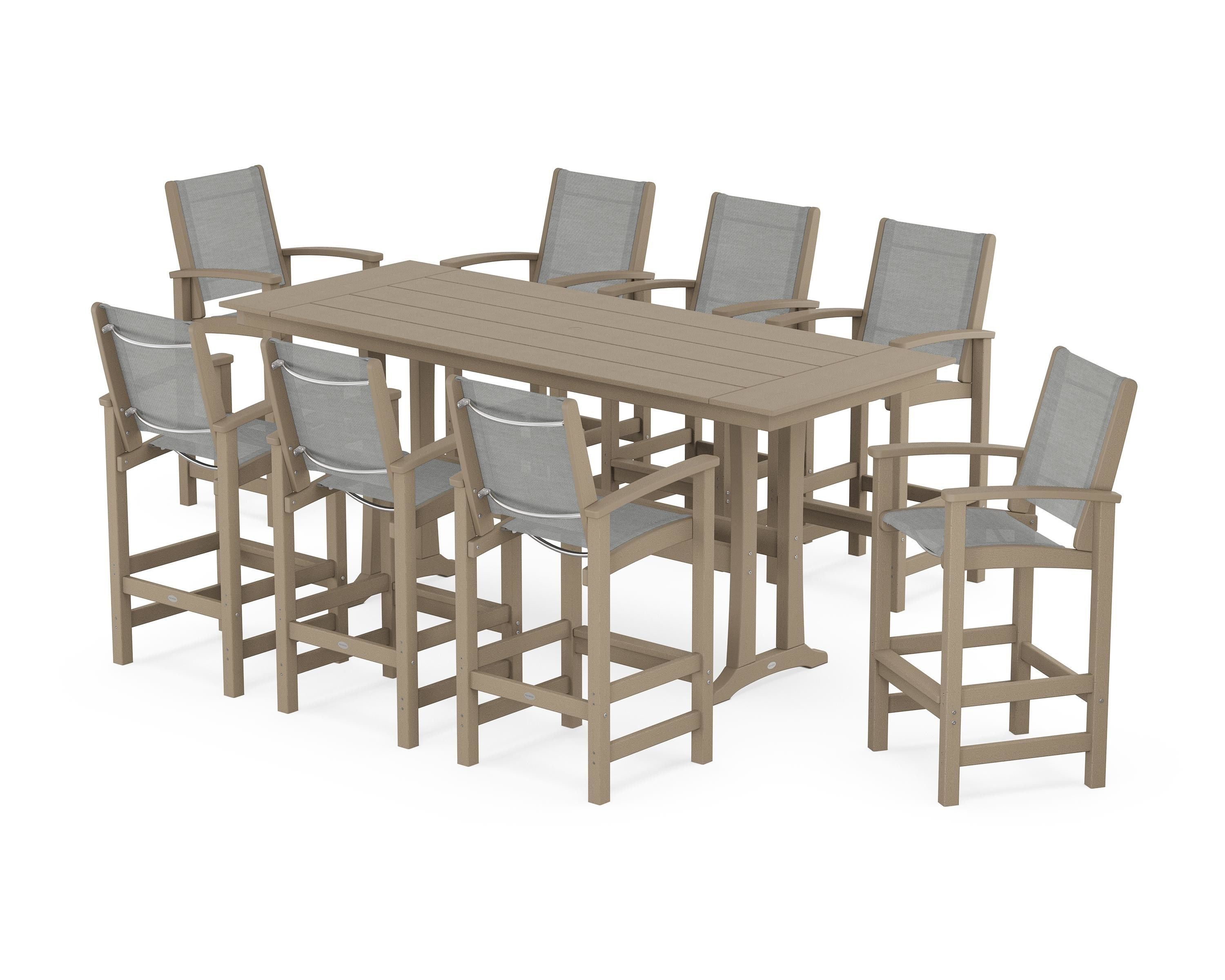 POLYWOOD Coastal 9-Piece Farmhouse Bar Set with Trestle Legs in Vintage Sahara / Metallic Sling