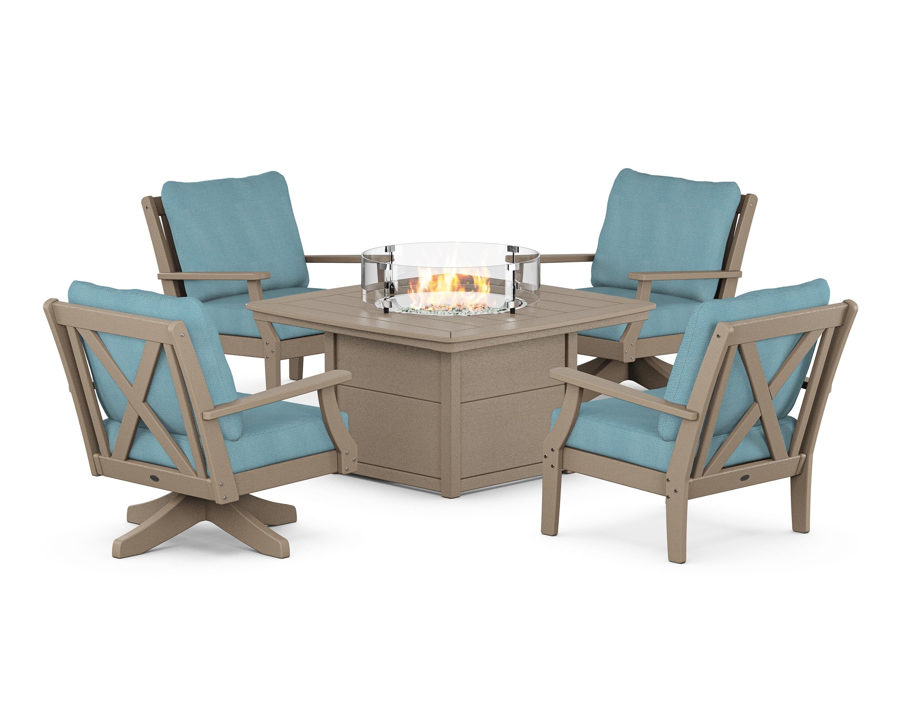 POLYWOOD Braxton 5-Piece Deep Seating Set with Fire Table in Vintage Sahara / Lattice Sky Blue