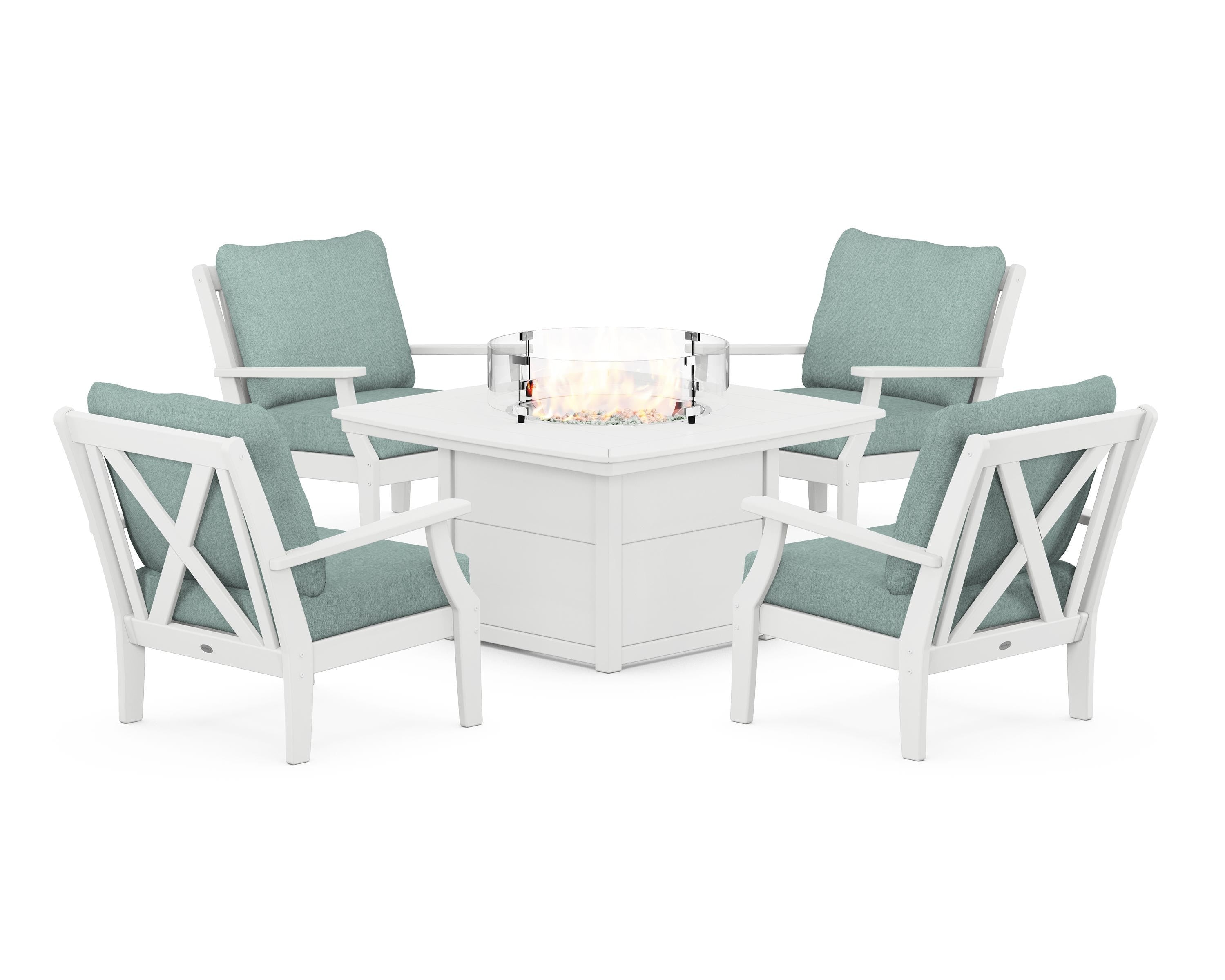 POLYWOOD Braxton 5-Piece Deep Seating Conversation Set with Fire Pit Table in White / Glacier Spa