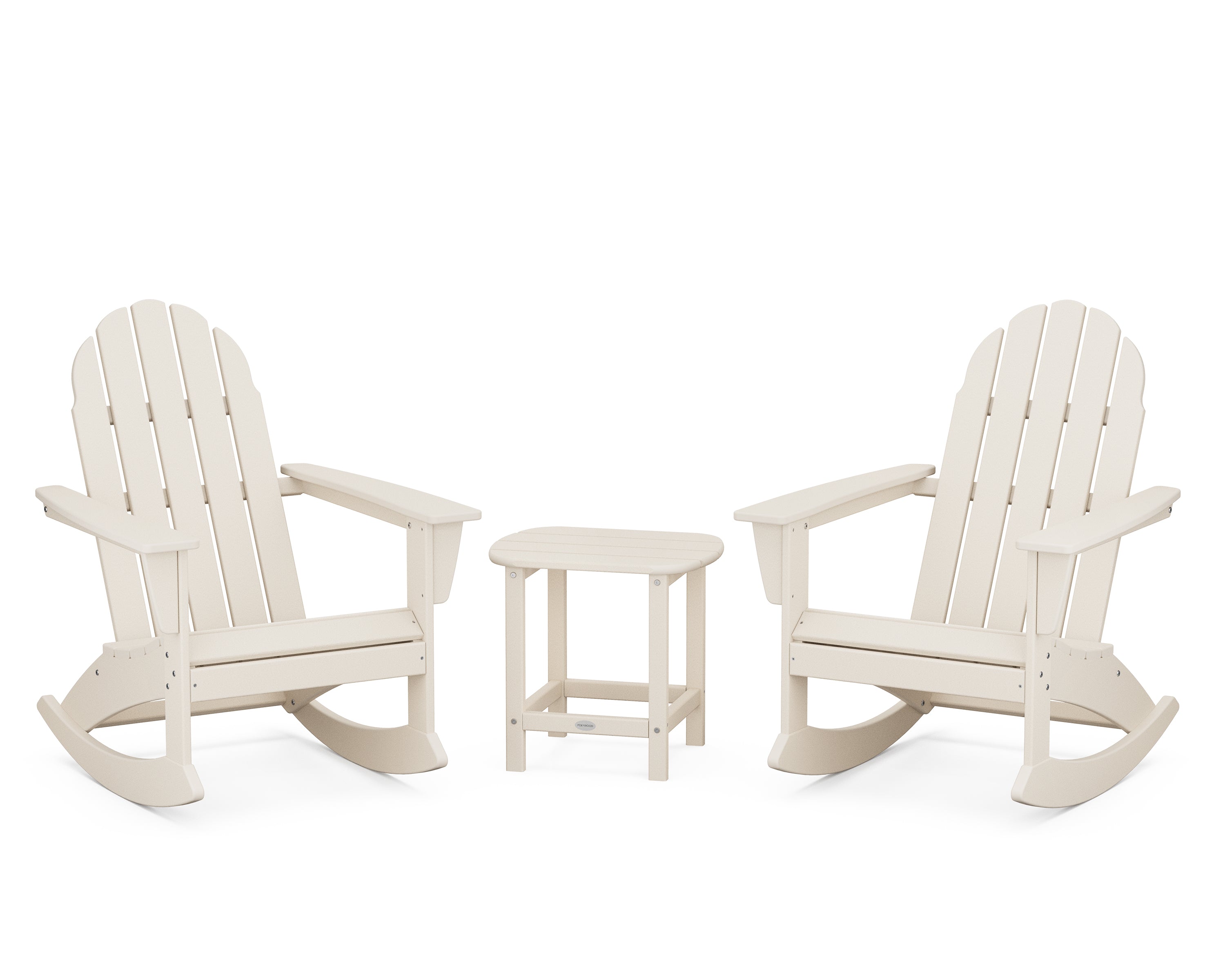 POLYWOOD® Vineyard 3-Piece Adirondack Rocking Chair Set with South Beach 18" Side Table in Sand