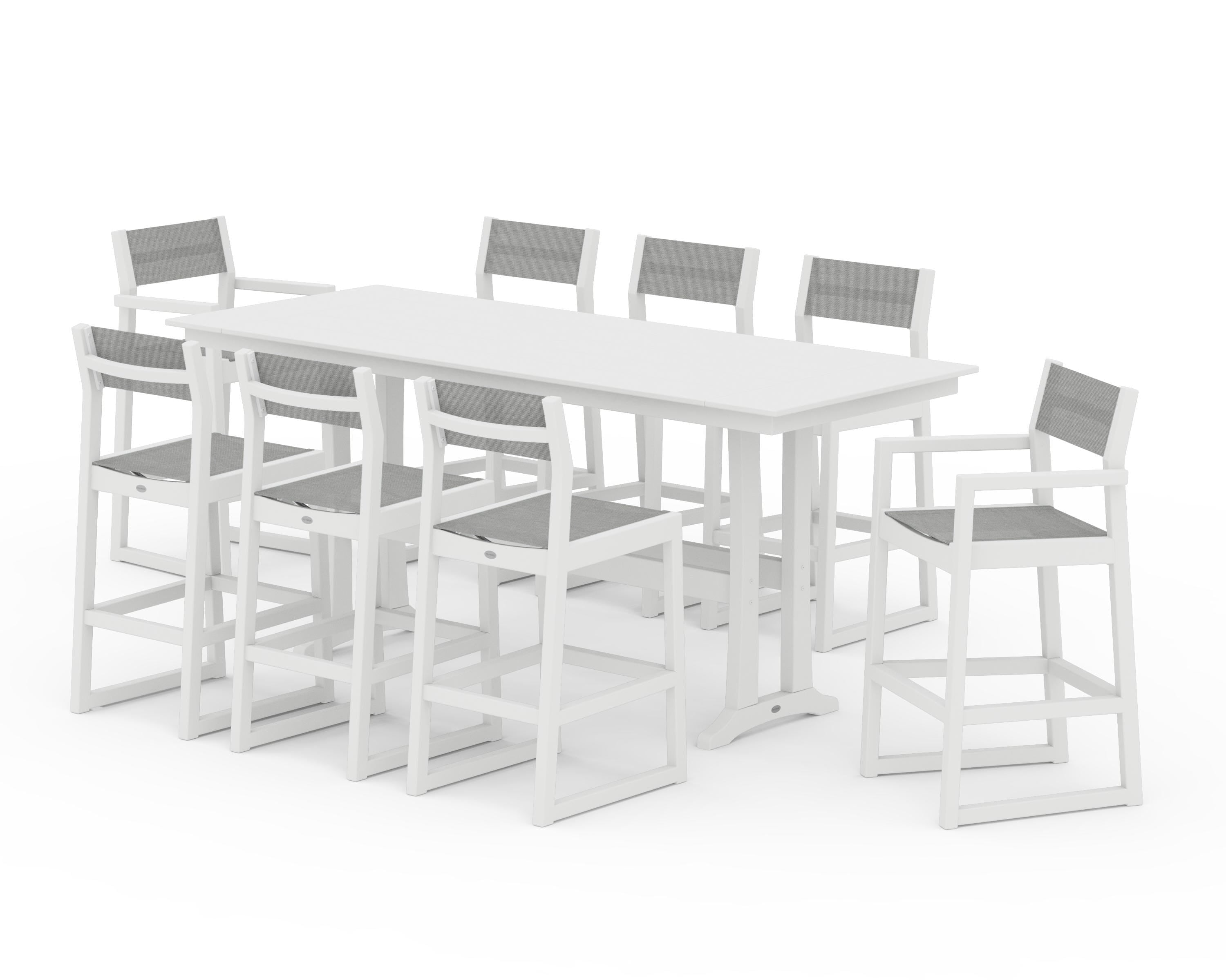 POLYWOOD EDGE Sling 9-Piece Farmhouse Bar Set with Trestle Legs in White / Metallic Sling