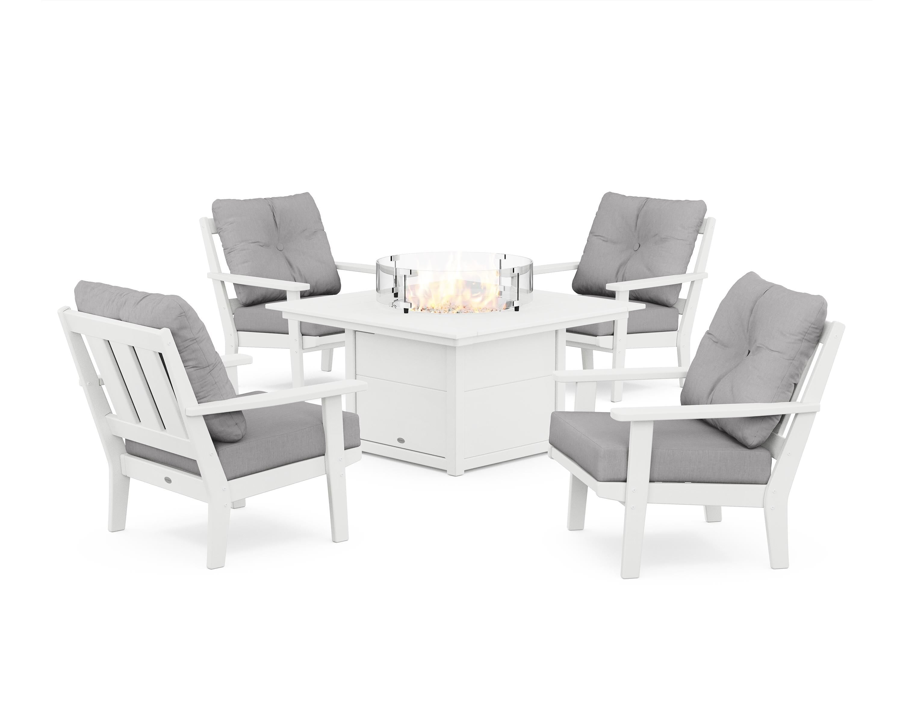 POLYWOOD Oxford 5-Piece Deep Seating Set with Fire Pit Table in White / Granite