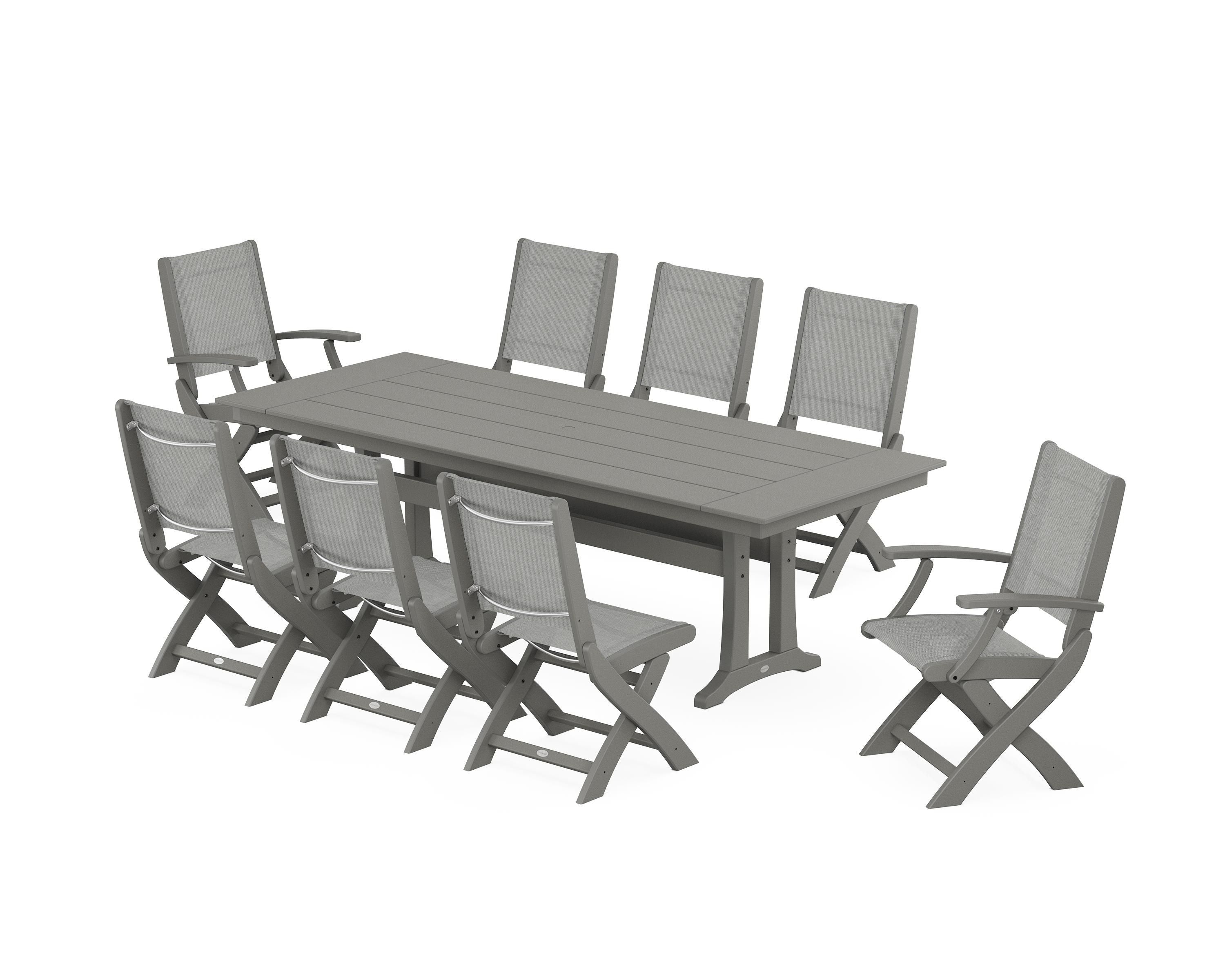 POLYWOOD Coastal 9-Piece Folding Dining Chair Farmhouse Dining Set with Trestle Legs in Slate Grey / Metallic Sling
