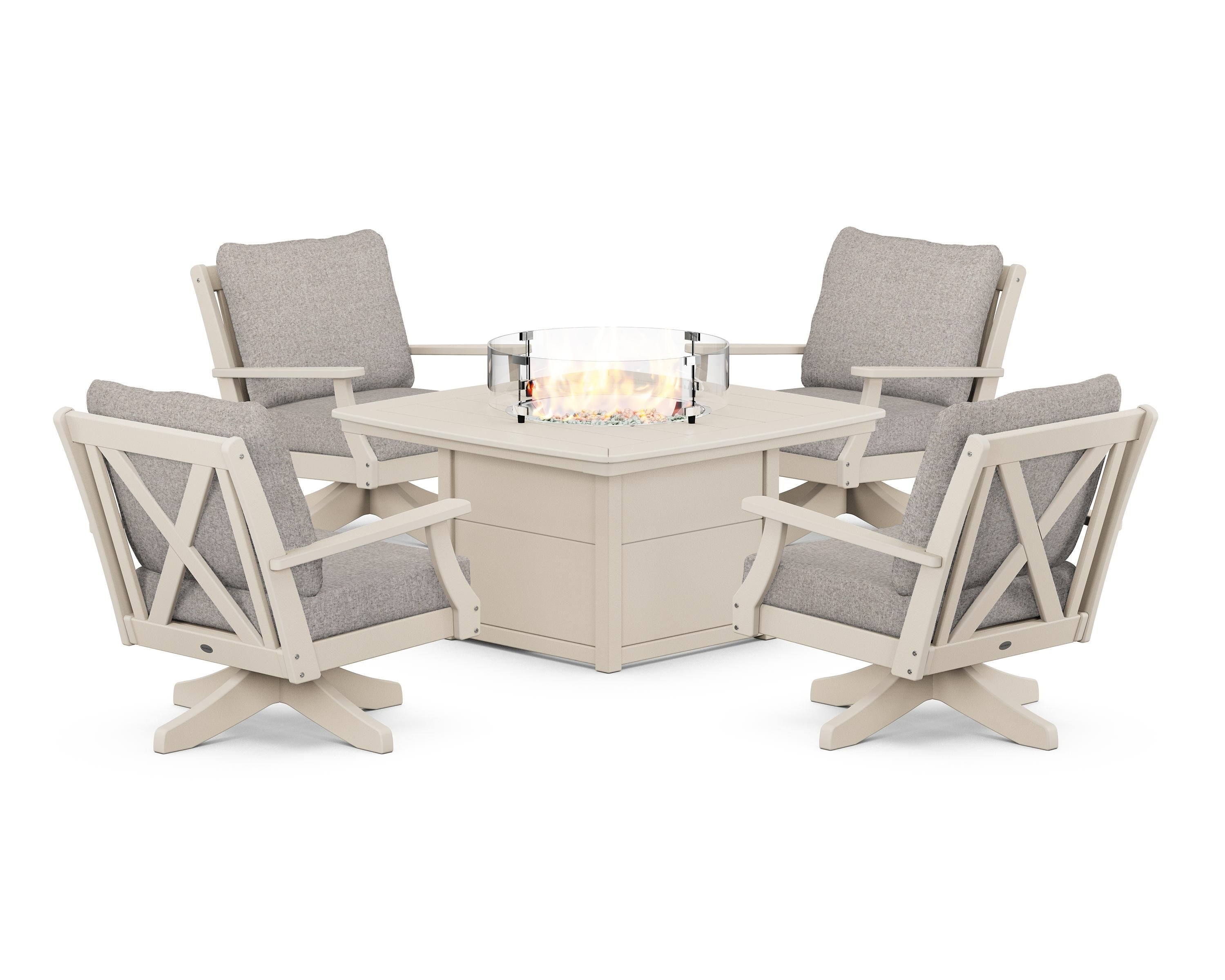 POLYWOOD Braxton 5-Piece Deep Seating Swivel Conversation Set with Fire Pit Table in Sand / Weathered Tweed