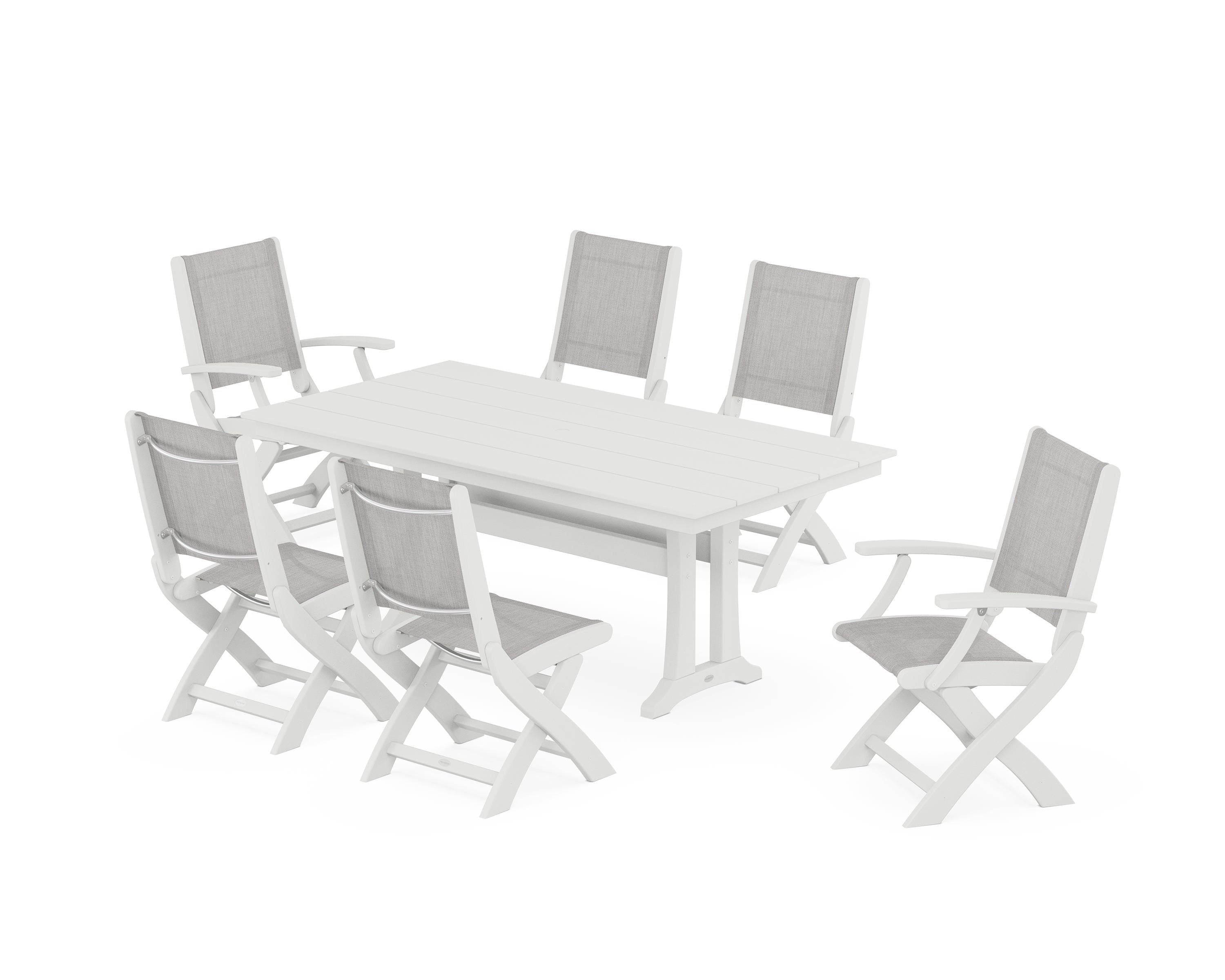 POLYWOOD Coastal Folding Chair 7-Piece Farmhouse Dining Set with Trestle Legs in Vintage White / Parchment Sling