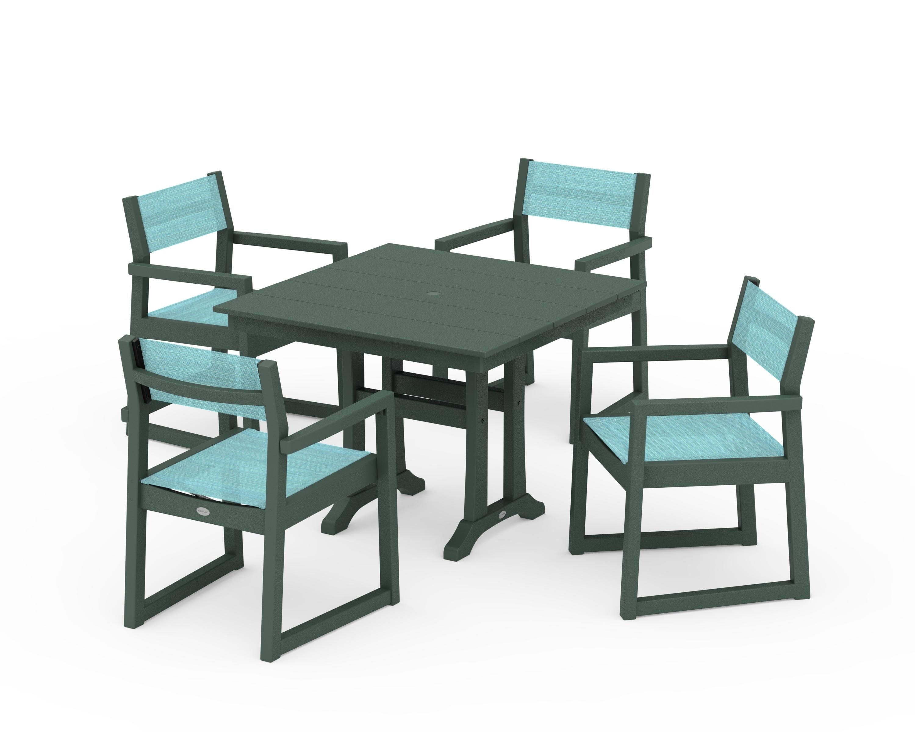 POLYWOOD EDGE Sling 5-Piece Farmhouse Dining Set with Trestle Legs in Green / Dupioni Aquamarine Sling
