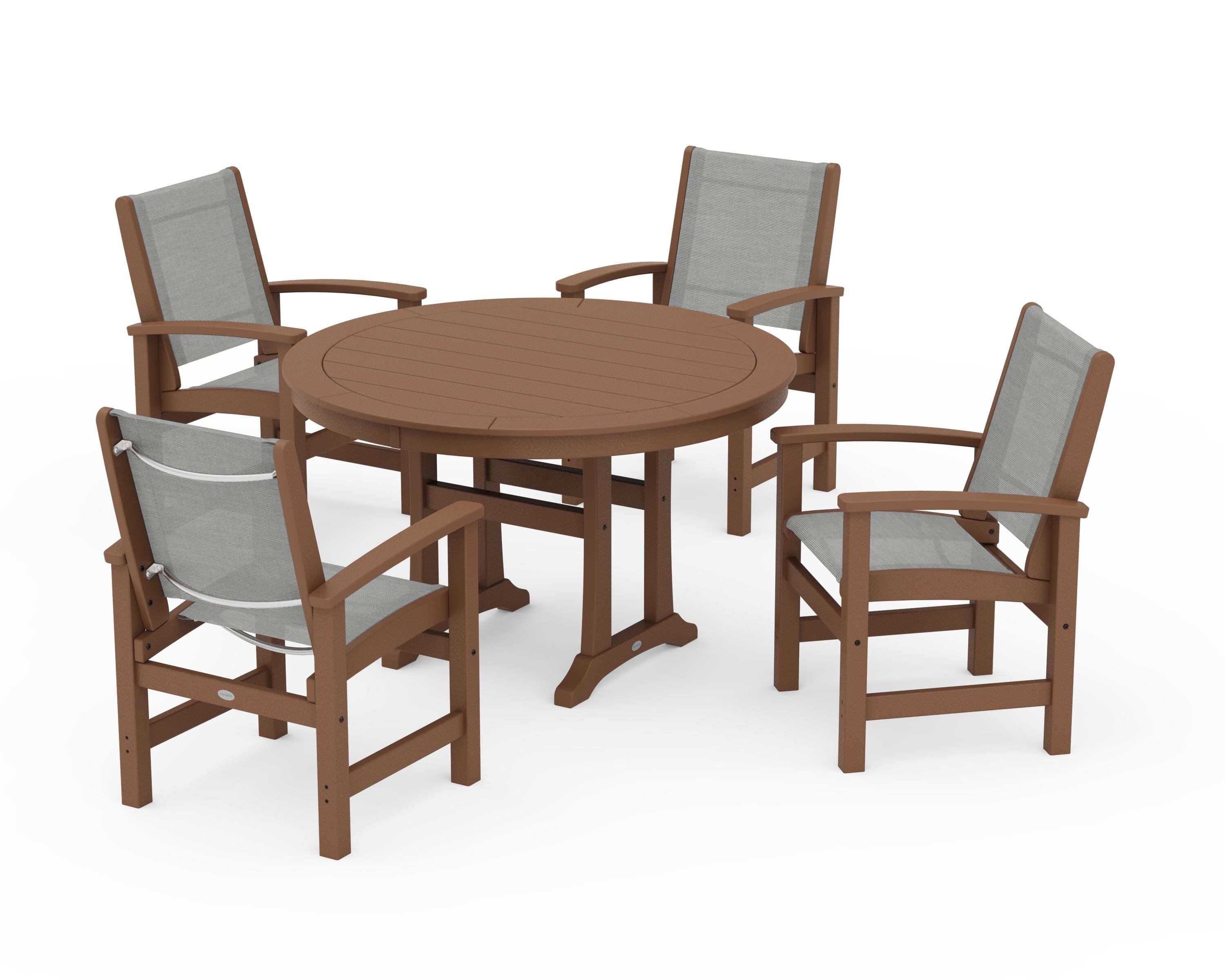 POLYWOOD Coastal 5-Piece Round Dining Set with Trestle Legs in Teak / Metallic Sling
