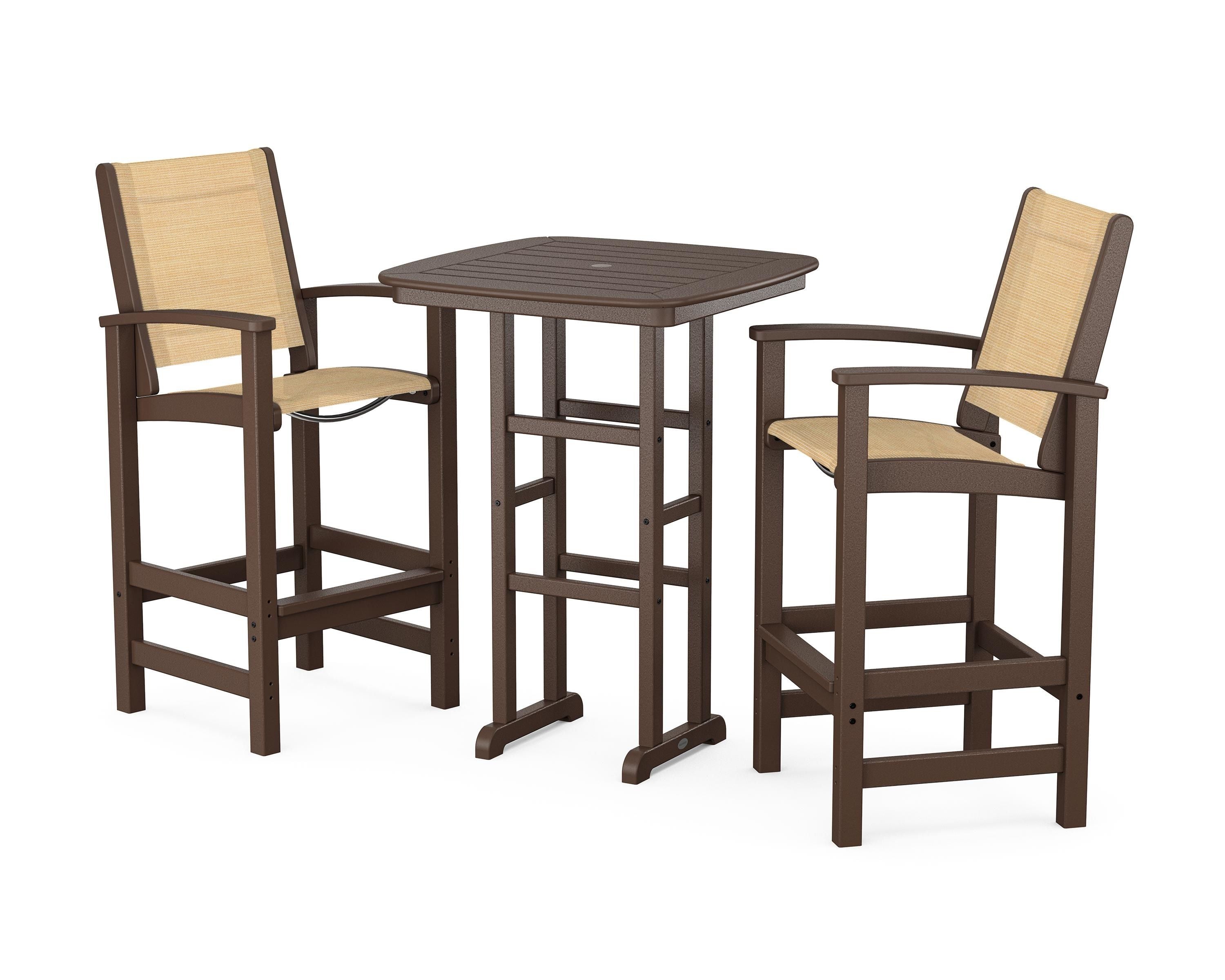POLYWOOD Coastal 3-Piece Bar Set in Mahogany / Dupioni Apricot Sling