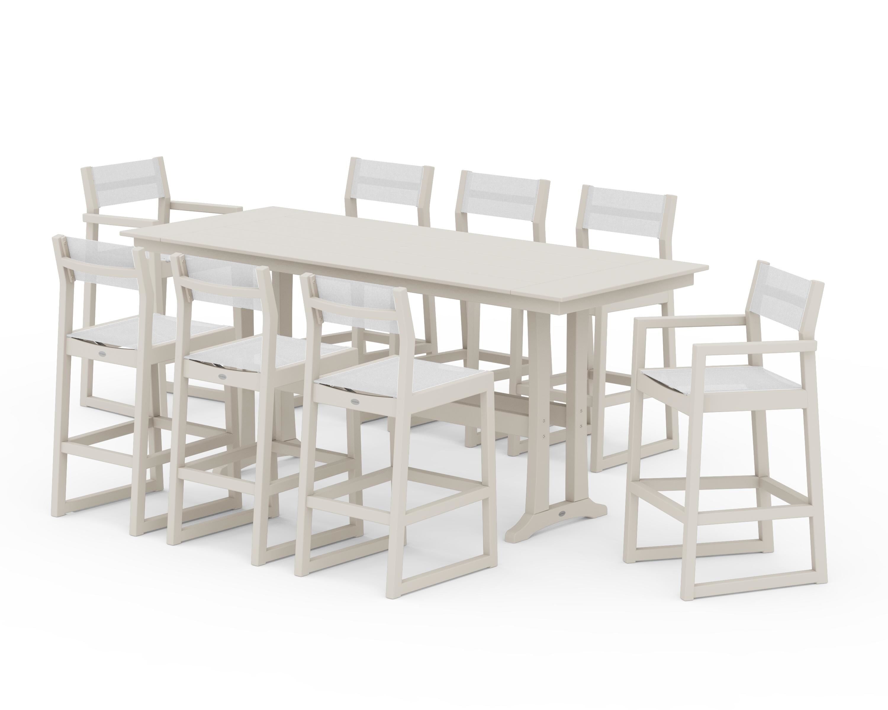 POLYWOOD EDGE Sling 9-Piece Farmhouse Bar Set with Trestle Legs in Sand / White Sling