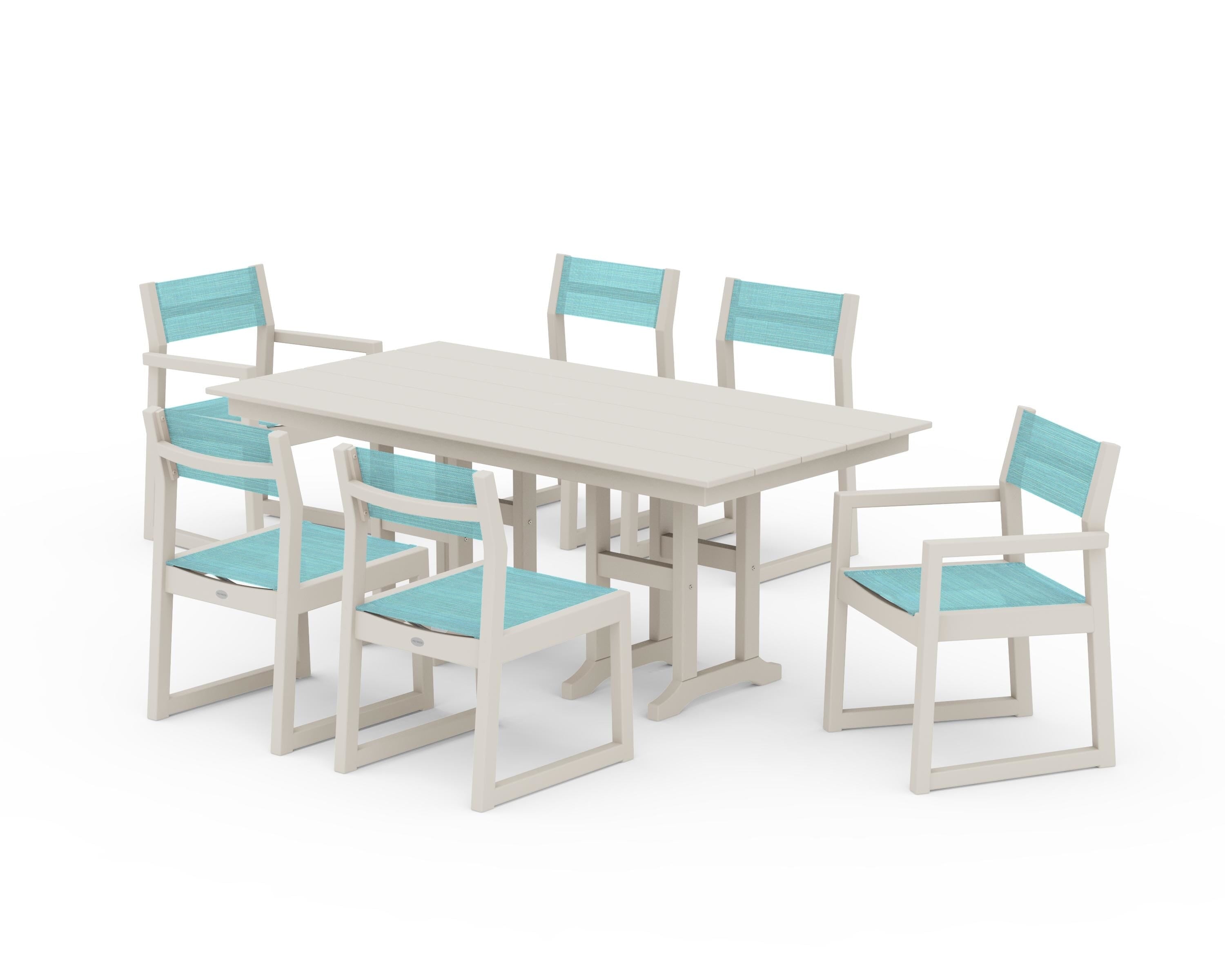 POLYWOOD EDGE Sling 7-Piece Farmhouse Dining Set in Sand / Dupioni Aquamarine Sling