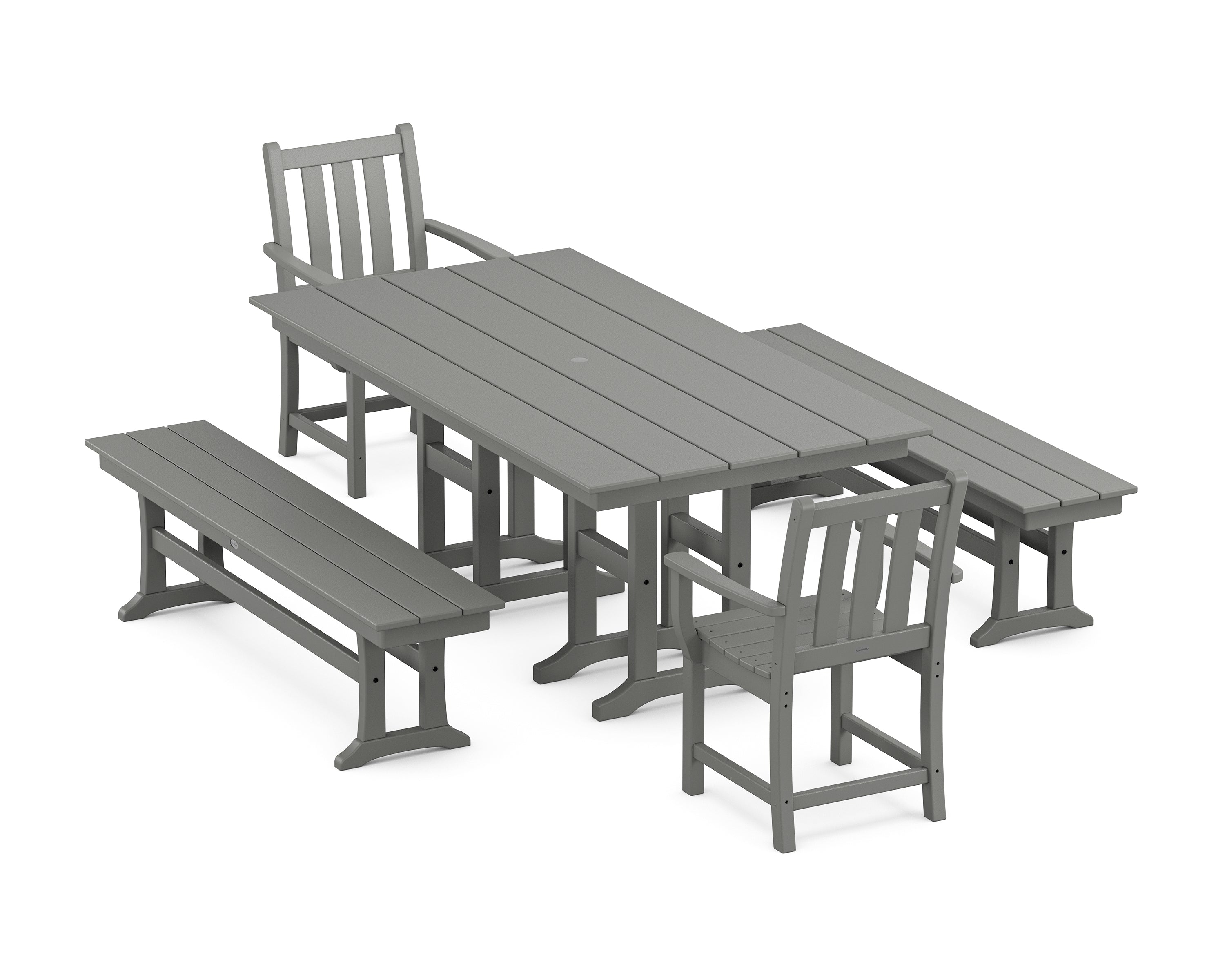 POLYWOOD® Traditional Garden 5-Piece Farmhouse Dining Set with Benches in Slate Grey