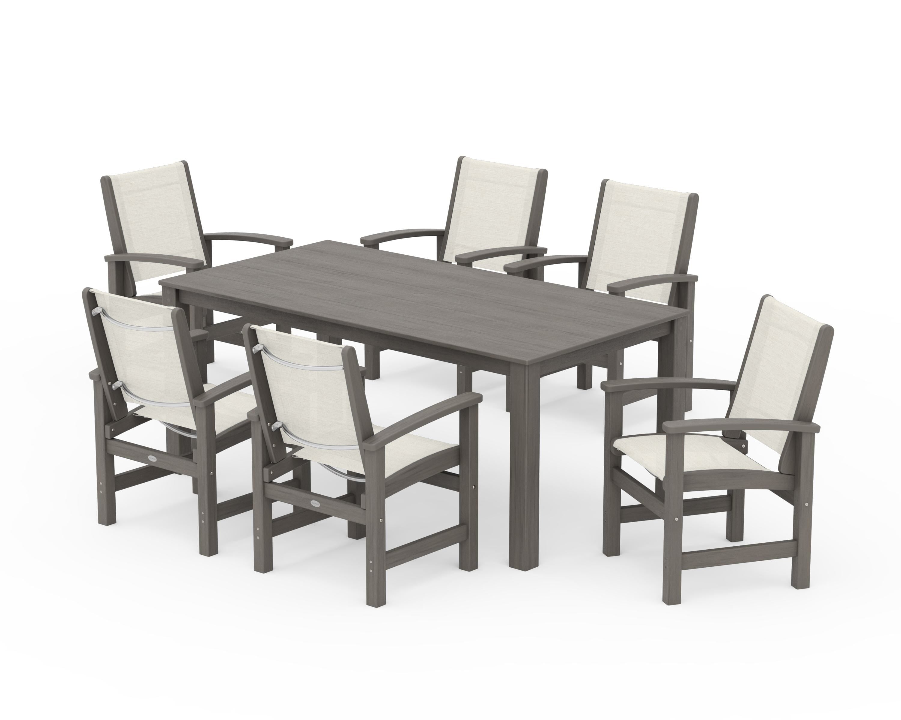 POLYWOOD Coastal 7-Piece Parsons Dining Set in Driftwood / Parchment Sling