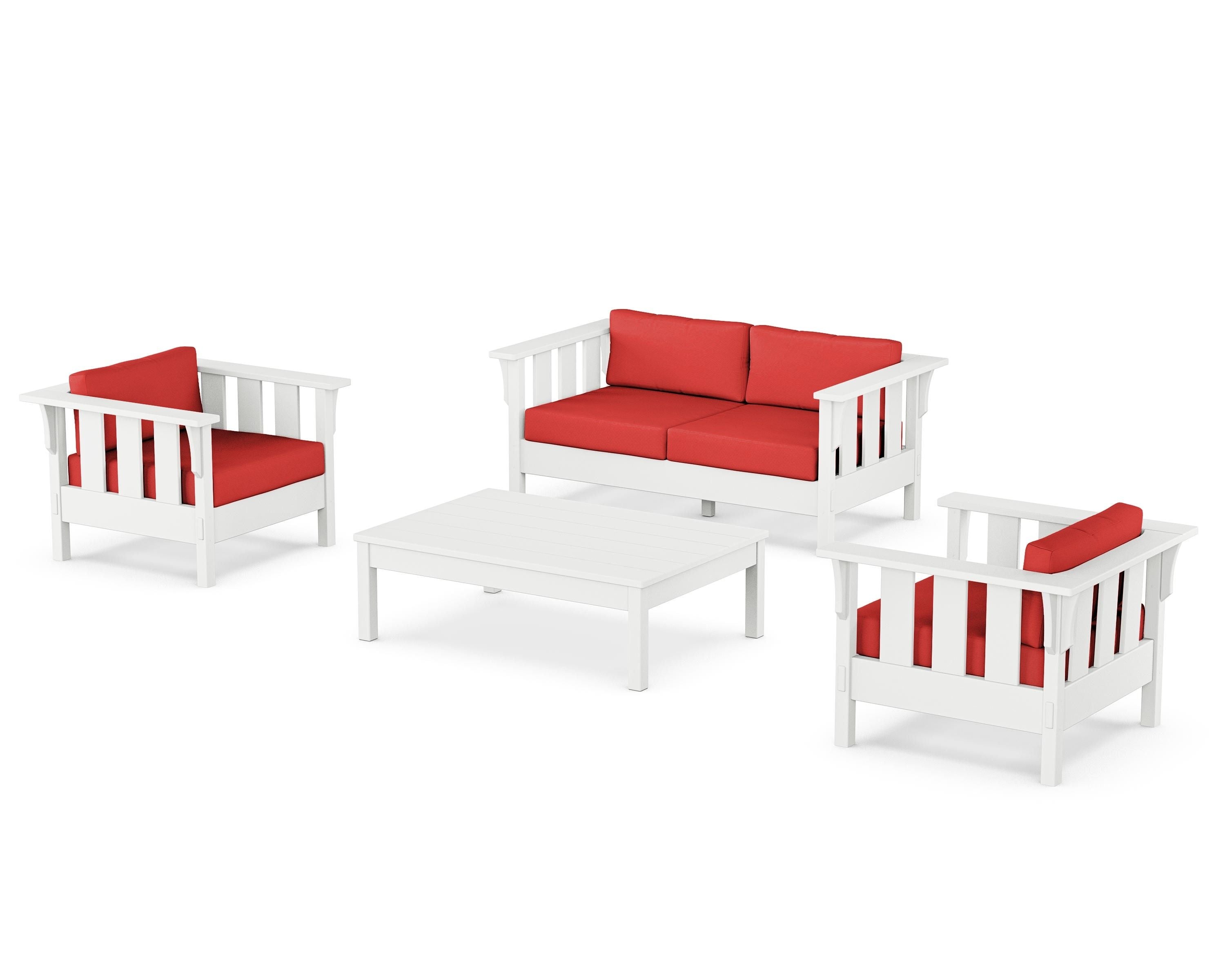 Martha Stewart by POLYWOOD Acadia 4-Piece Deep Seating Set with Loveseat in White / Crimson Linen