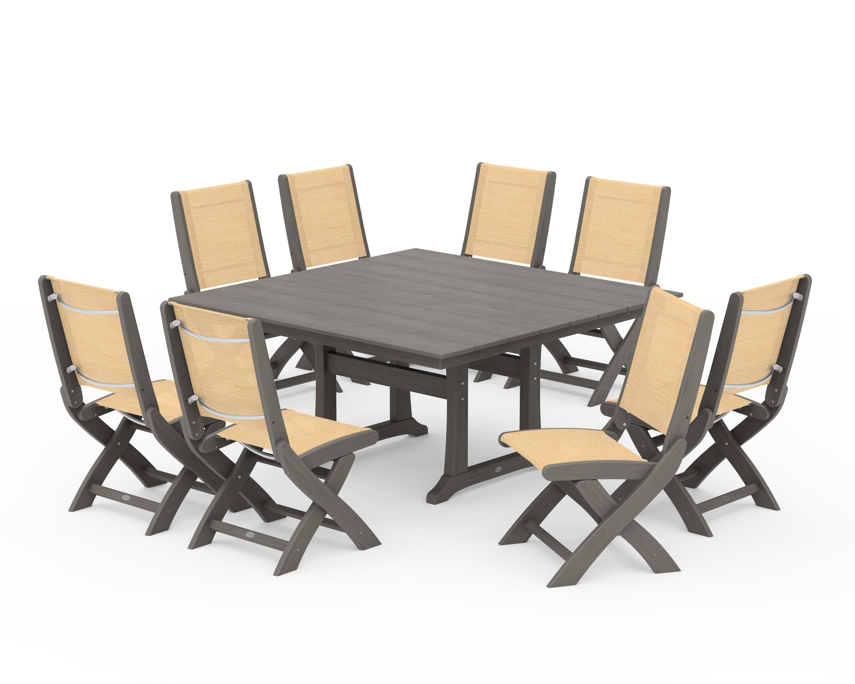 POLYWOOD Coastal Folding Side Chair 9-Piece Farmhouse Dining Set in Driftwood / Dupioni Apricot Sling