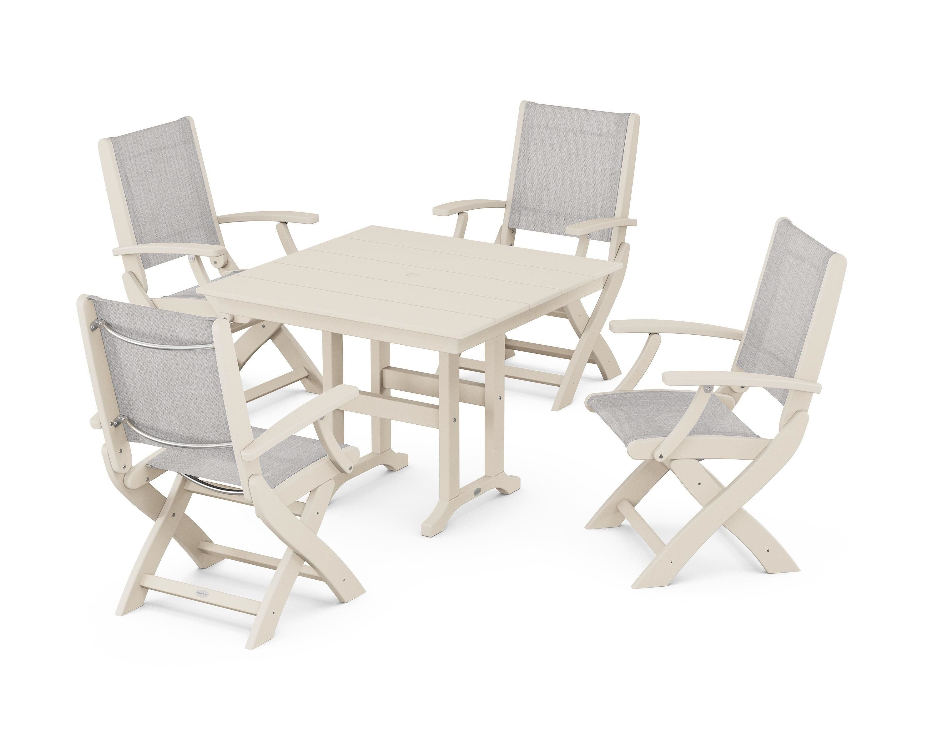 POLYWOOD Coastal Folding Chair 5-Piece Farmhouse Dining Set in Sand / Parchment Sling
