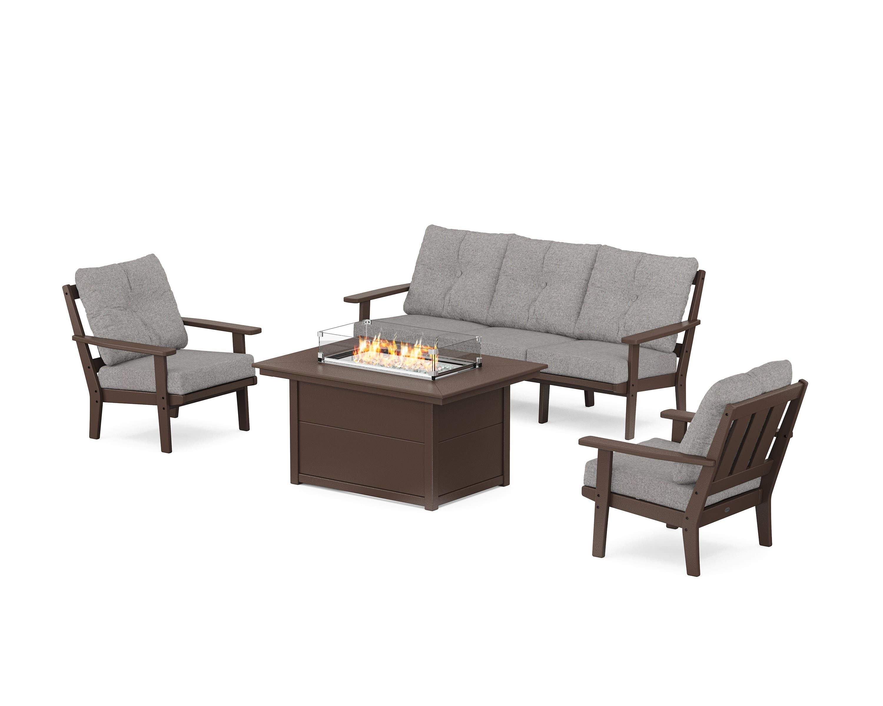POLYWOOD Oxford Deep Seating Fire Pit Table Set in Mahogany / Grey Mist