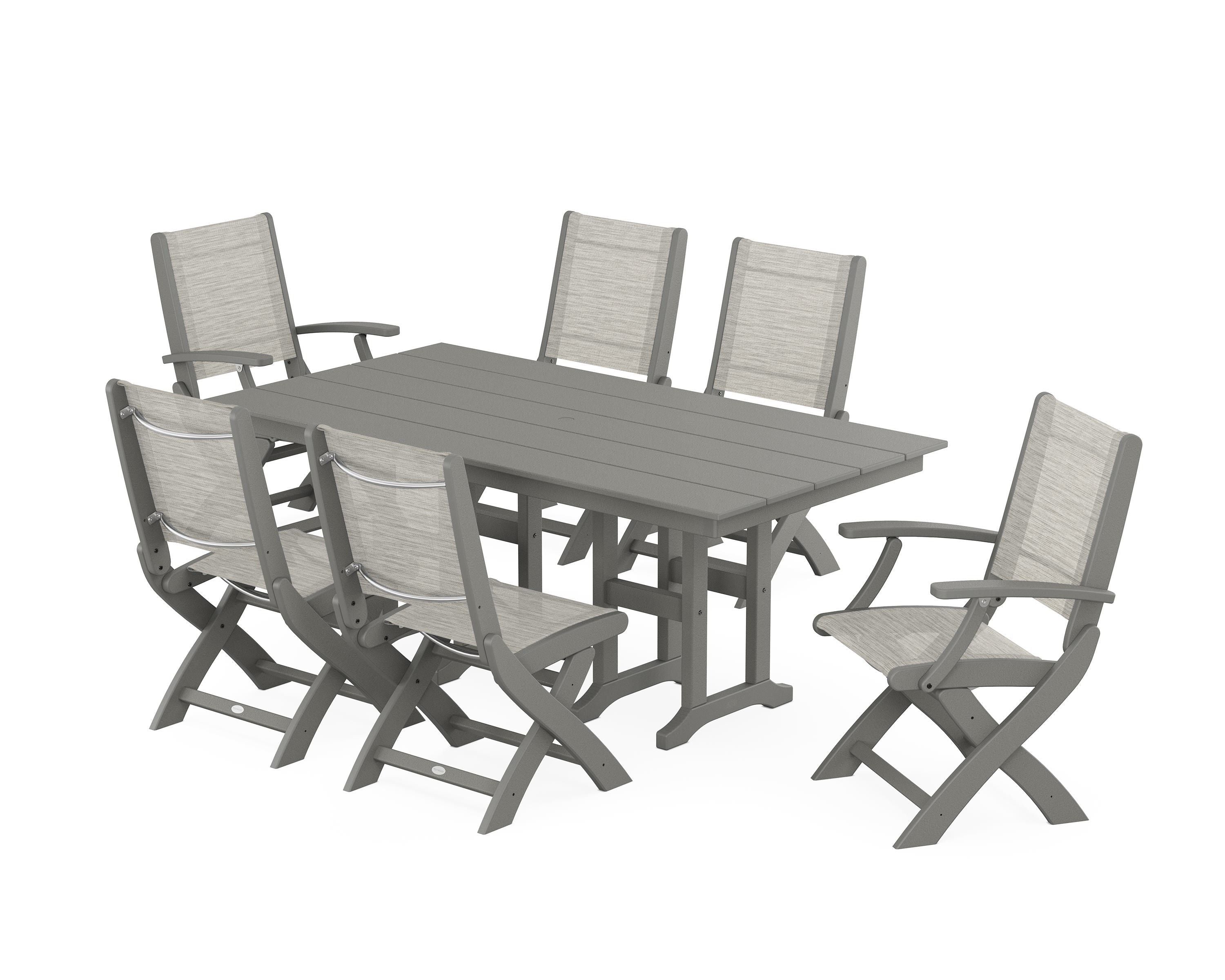 POLYWOOD Coastal Folding Chair 7-Piece Farmhouse Dining Set in Slate Grey / Birch Sling