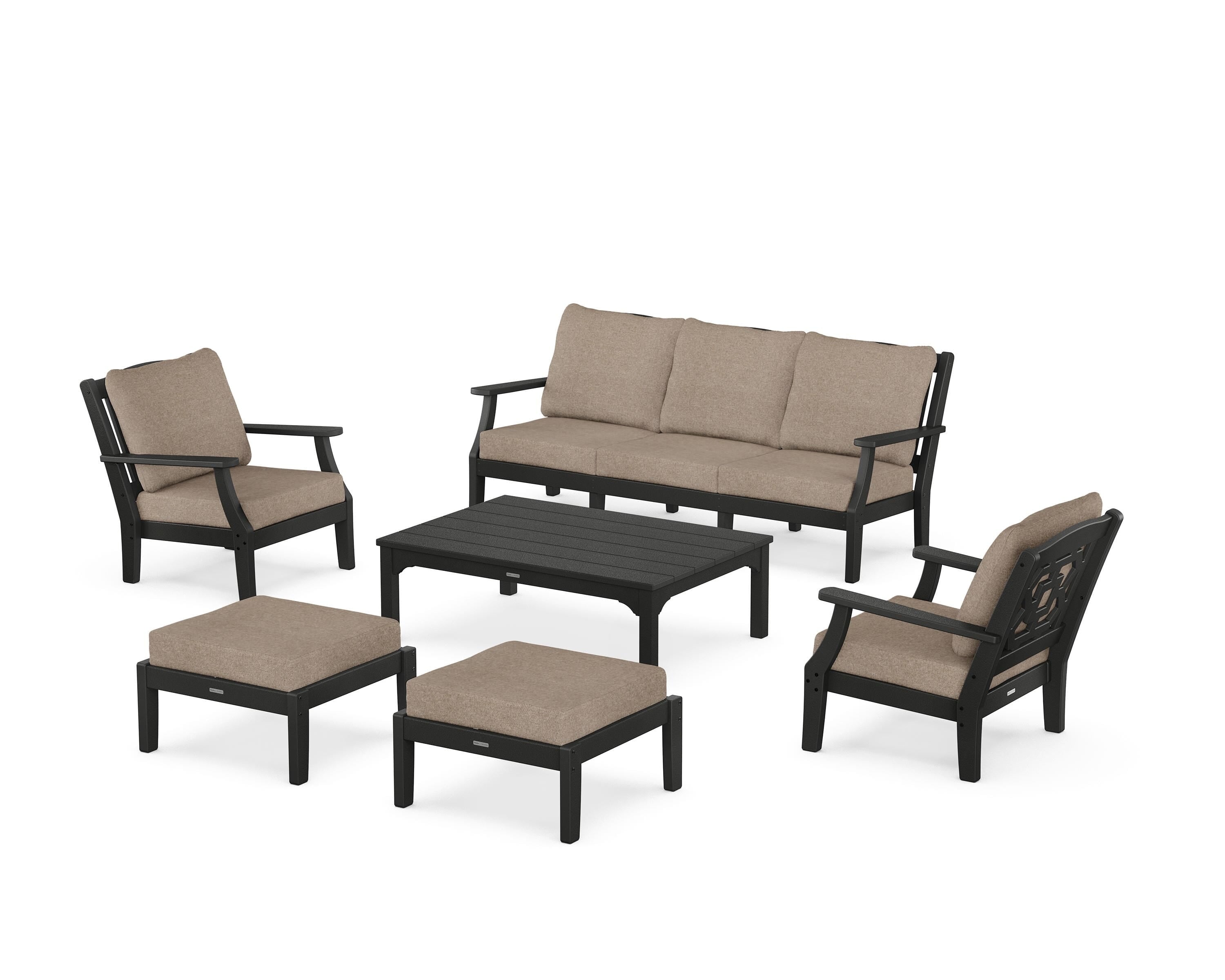Martha Stewart by POLYWOOD Chinoiserie 6-Piece Lounge Sofa Set in Black / Spiced Burlap
