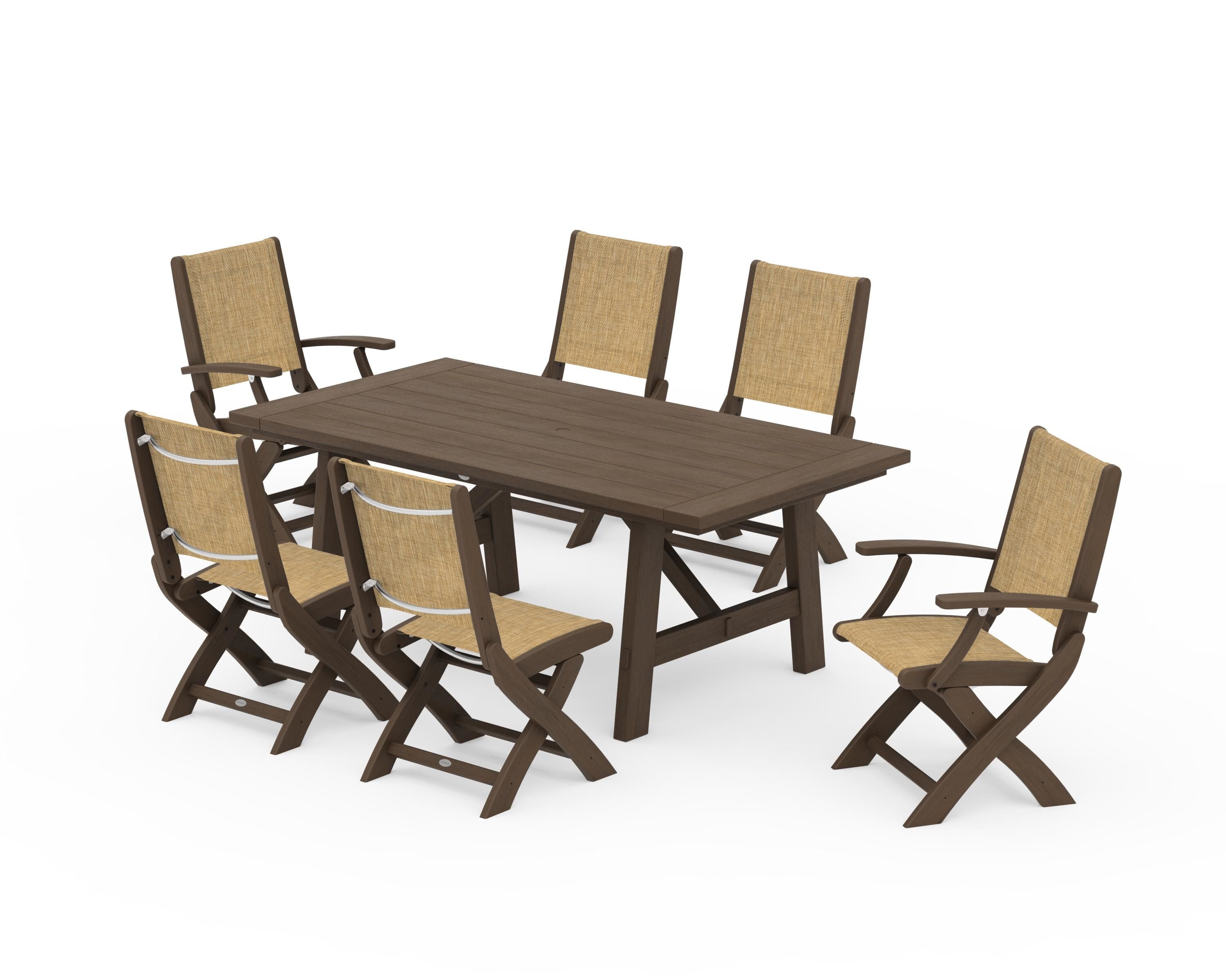 POLYWOOD Coastal Folding Chair 7-Piece Rustic Farmhouse Dining Set in Kona / Burlap Sling