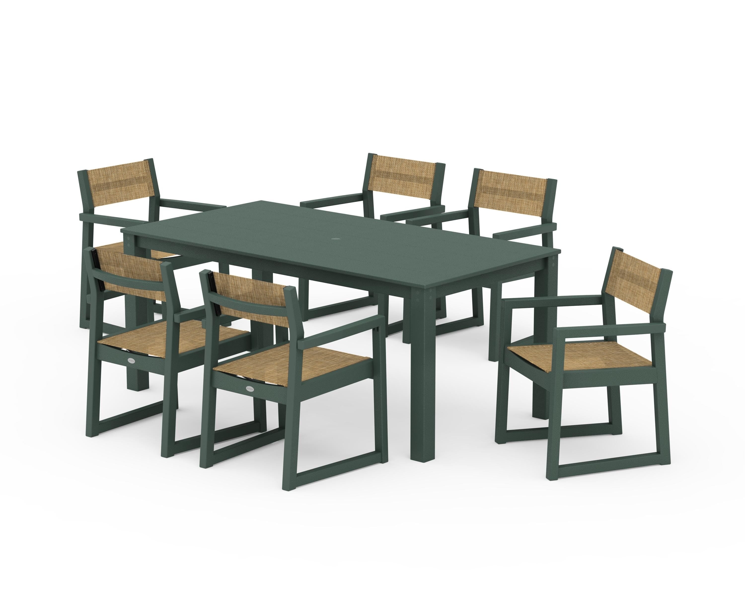 POLYWOOD EDGE Sling Arm Chair 7-Piece Parsons Dining Set in Green / Burlap Sling