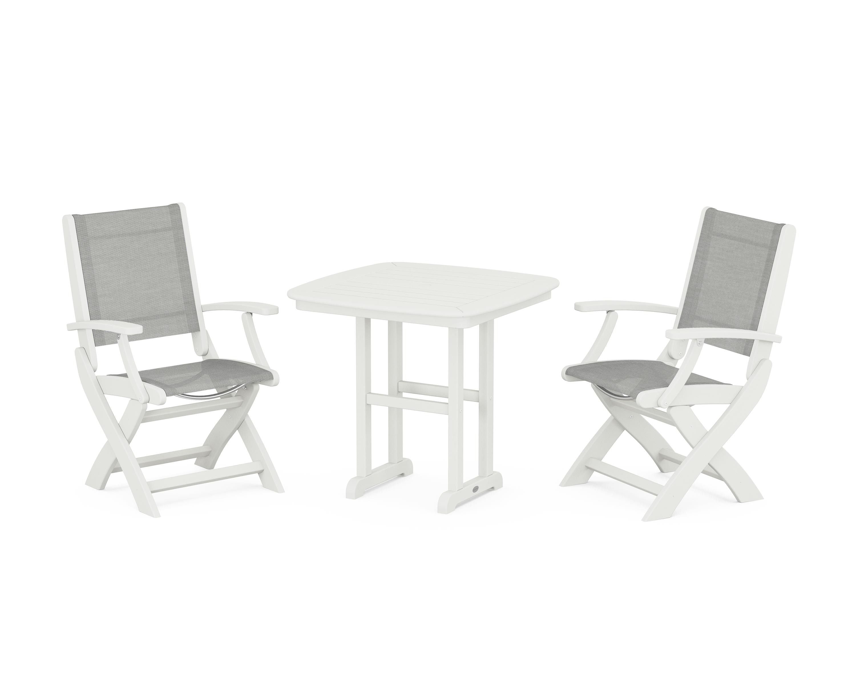 POLYWOOD Coastal Folding Chair 3-Piece Dining Set in Vintage White / Metallic Sling