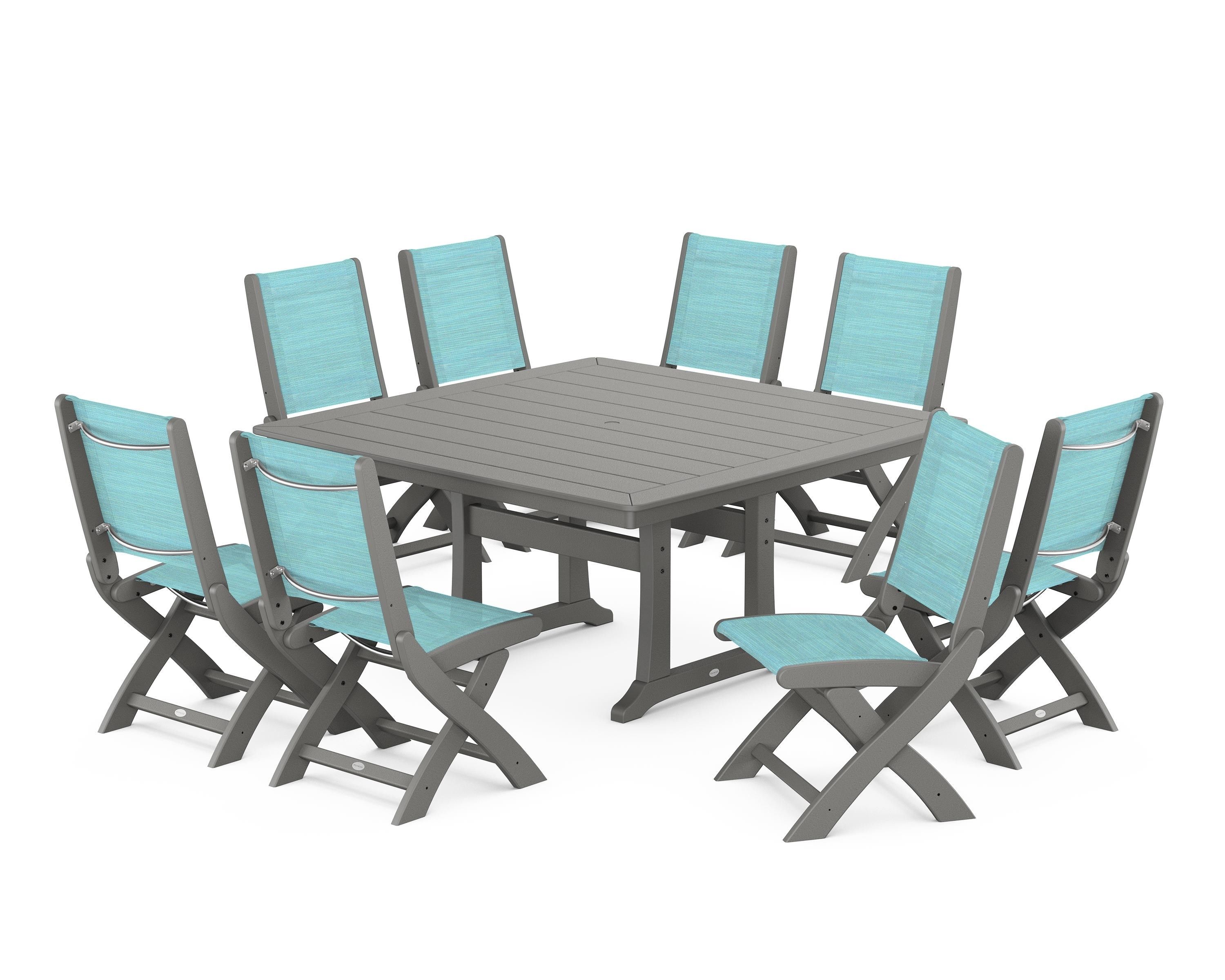 POLYWOOD Coastal Folding Side Chair 9-Piece Dining Set with Trestle Legs in Slate Grey / Dupioni Aquamarine Sling