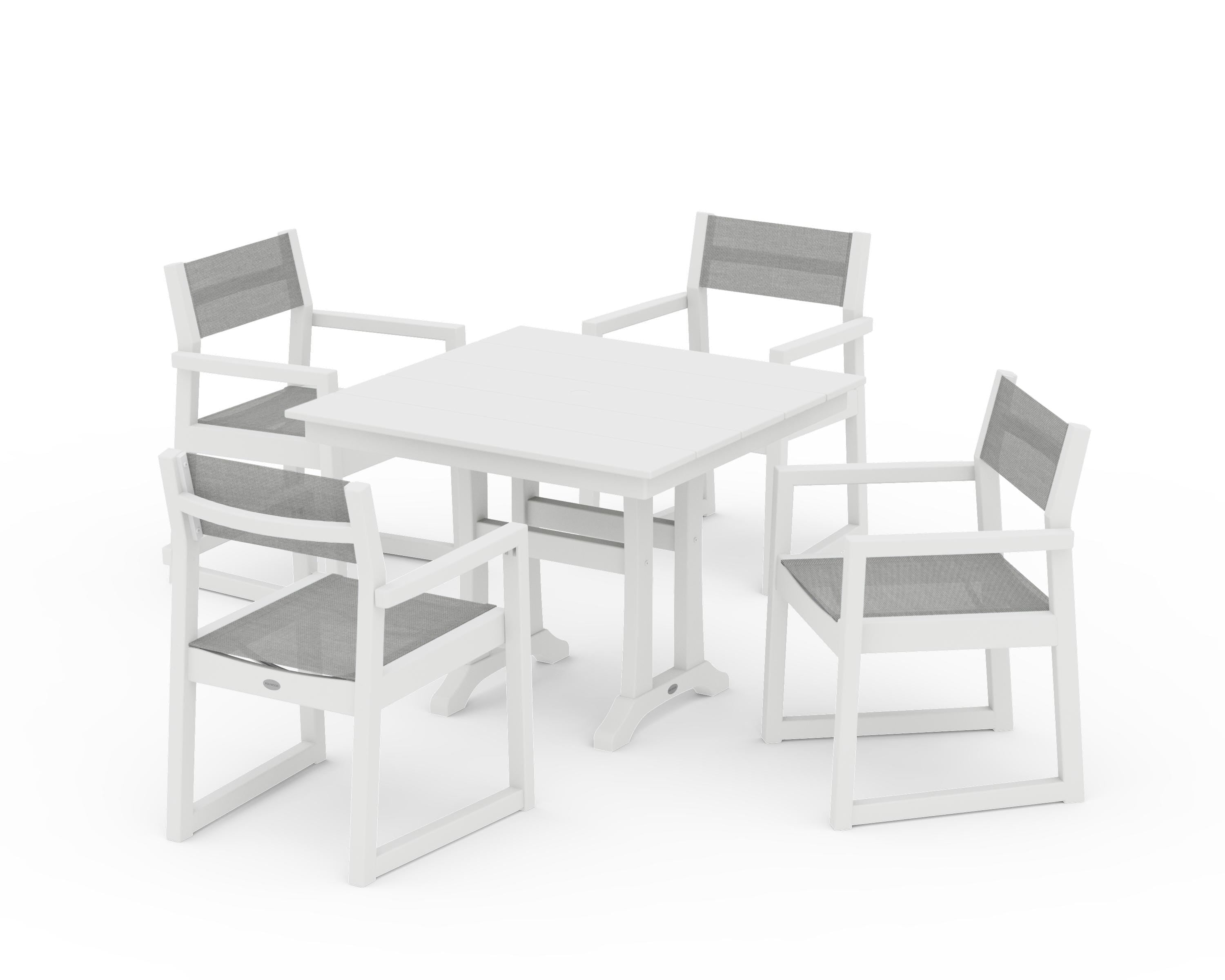 POLYWOOD EDGE Sling 5-Piece Farmhouse Dining Set with Trestle Legs in White / Metallic Sling