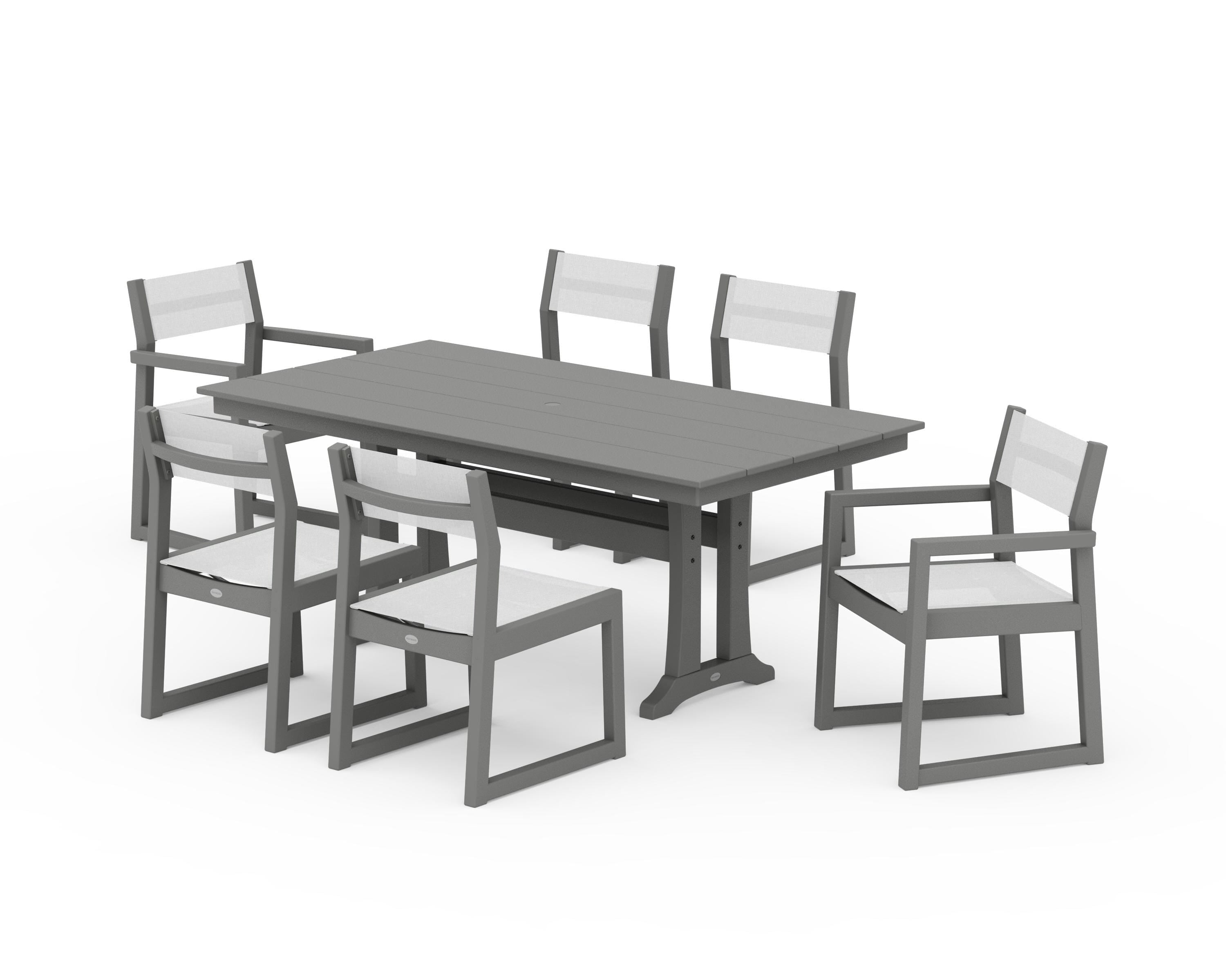 POLYWOOD EDGE Sling 7-Piece Farmhouse Trestle Dining Set in Slate Grey / White Sling
