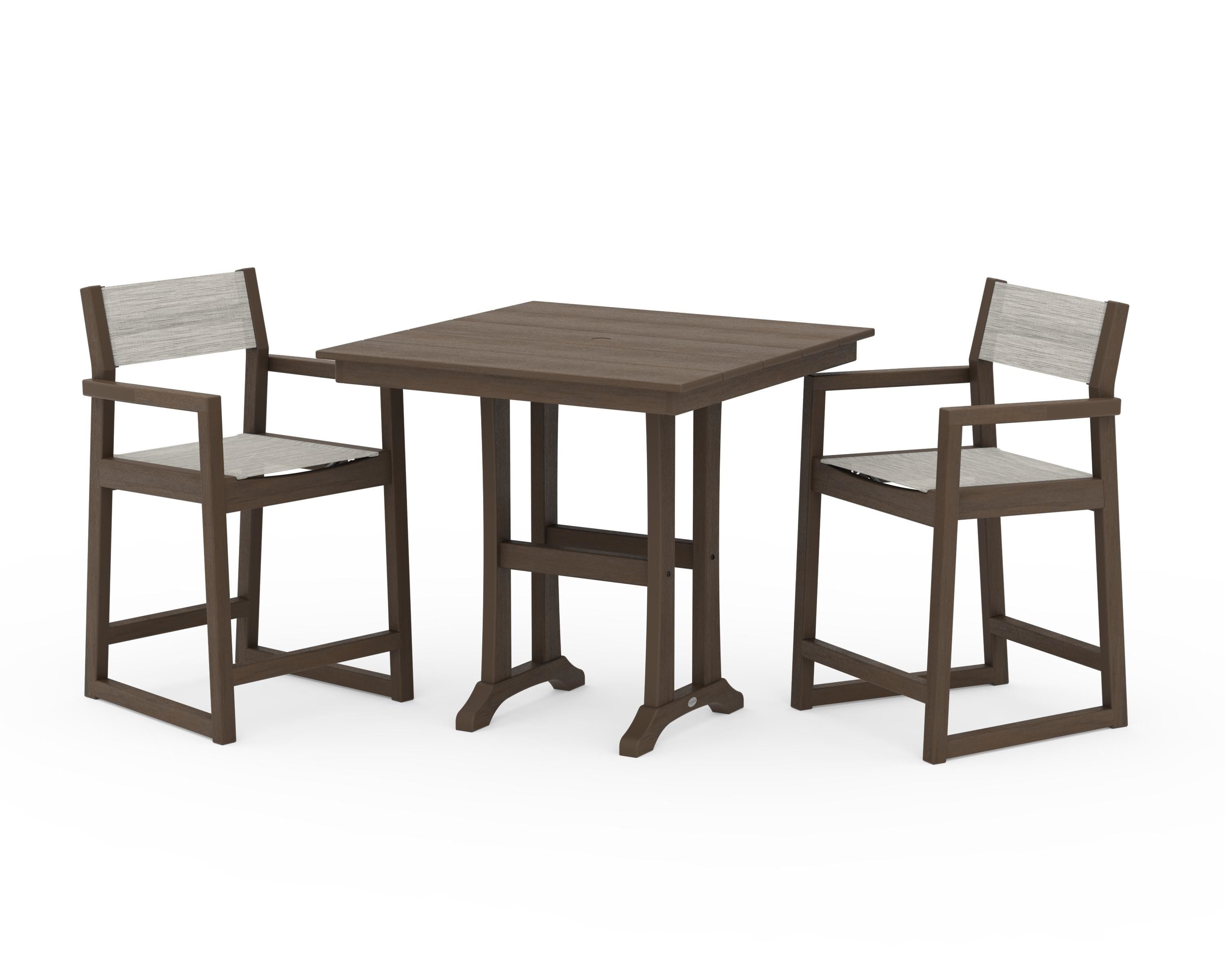 POLYWOOD EDGE Sling Arm Chair 3-Piece Farmhouse Counter Set with Trestle Legs in Kona / Birch Sling