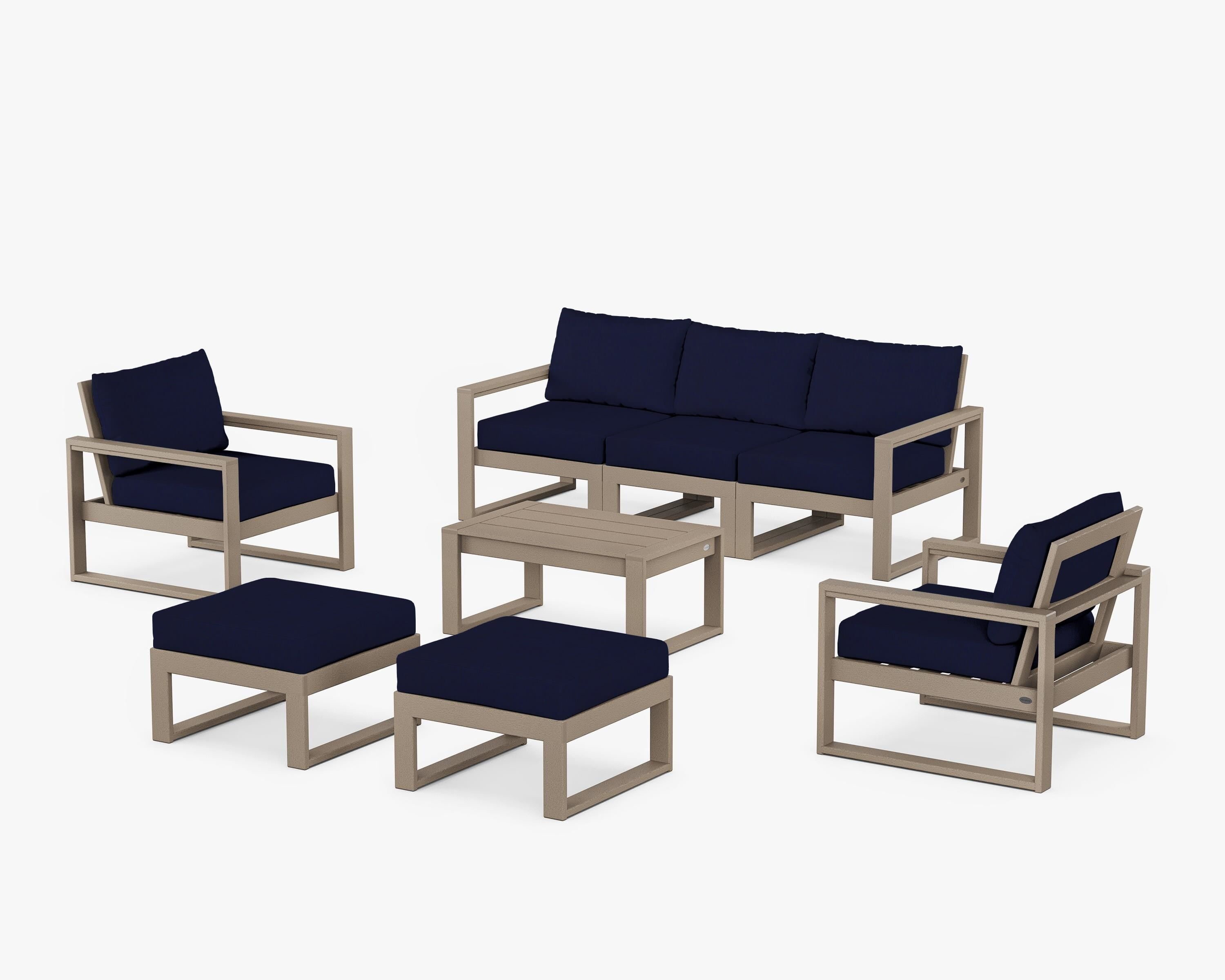 POLYWOOD EDGE Sectional 8-Piece Lounge Sofa Set in Vintage Sahara / Navy