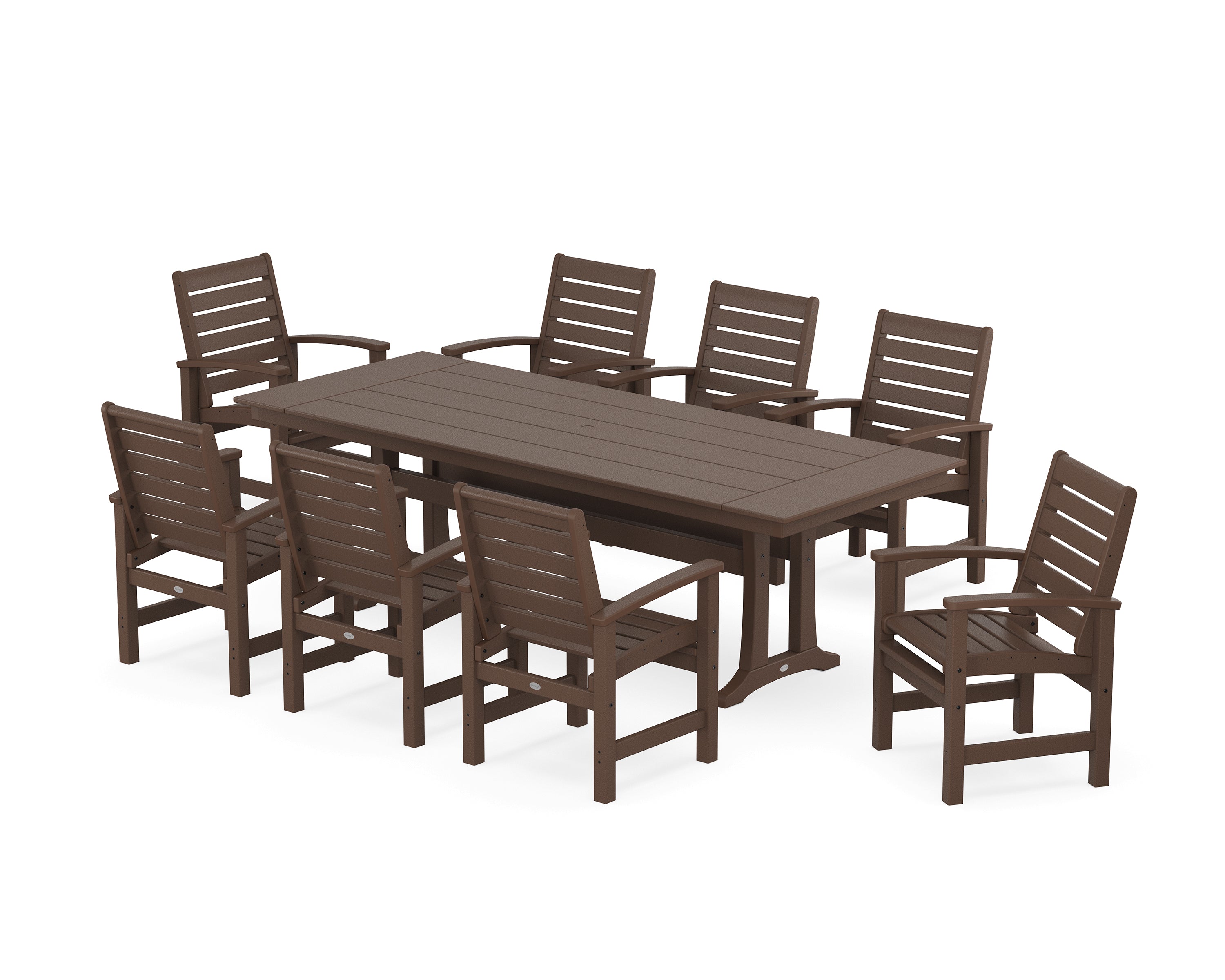 POLYWOOD® Signature 9-Piece Farmhouse Dining Set with Trestle Legs in Mahogany