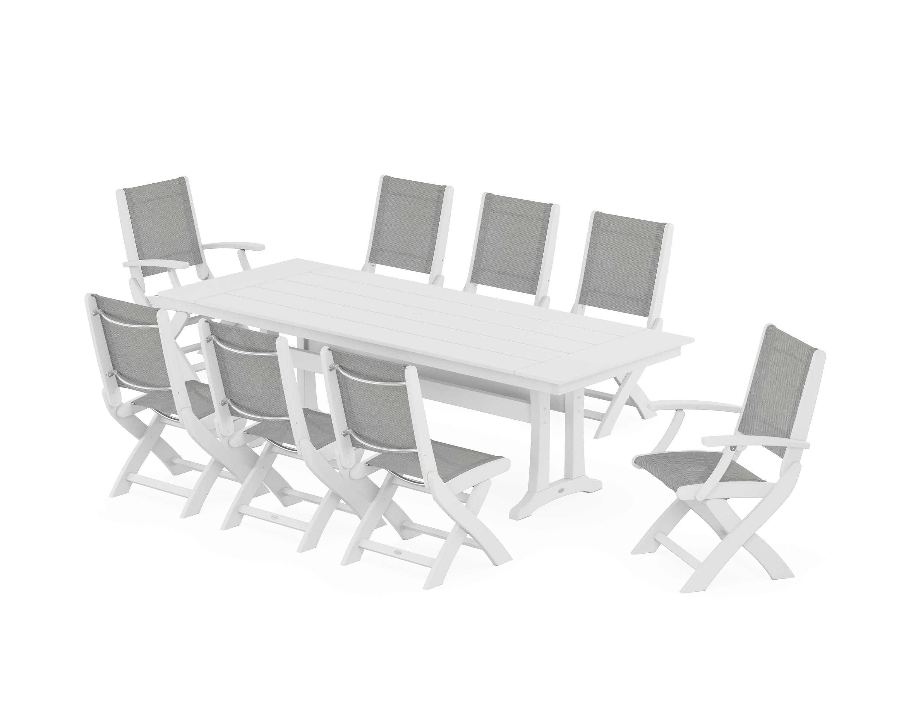 POLYWOOD Coastal 9-Piece Folding Dining Chair Farmhouse Dining Set with Trestle Legs in White / Metallic Sling