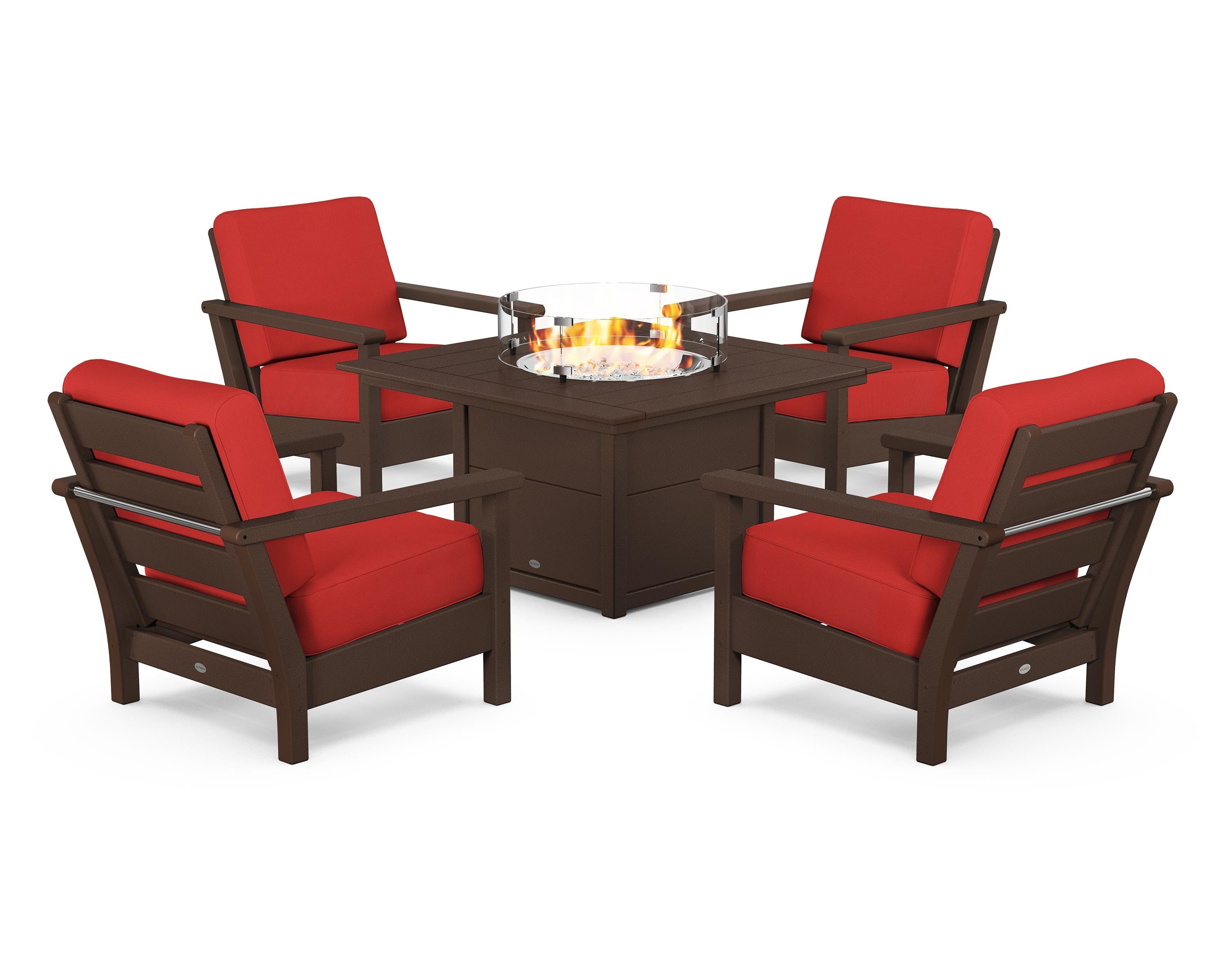 POLYWOOD Harbour 5-Piece Conversation Set with Fire Pit Table in Mahogany / Crimson Linen