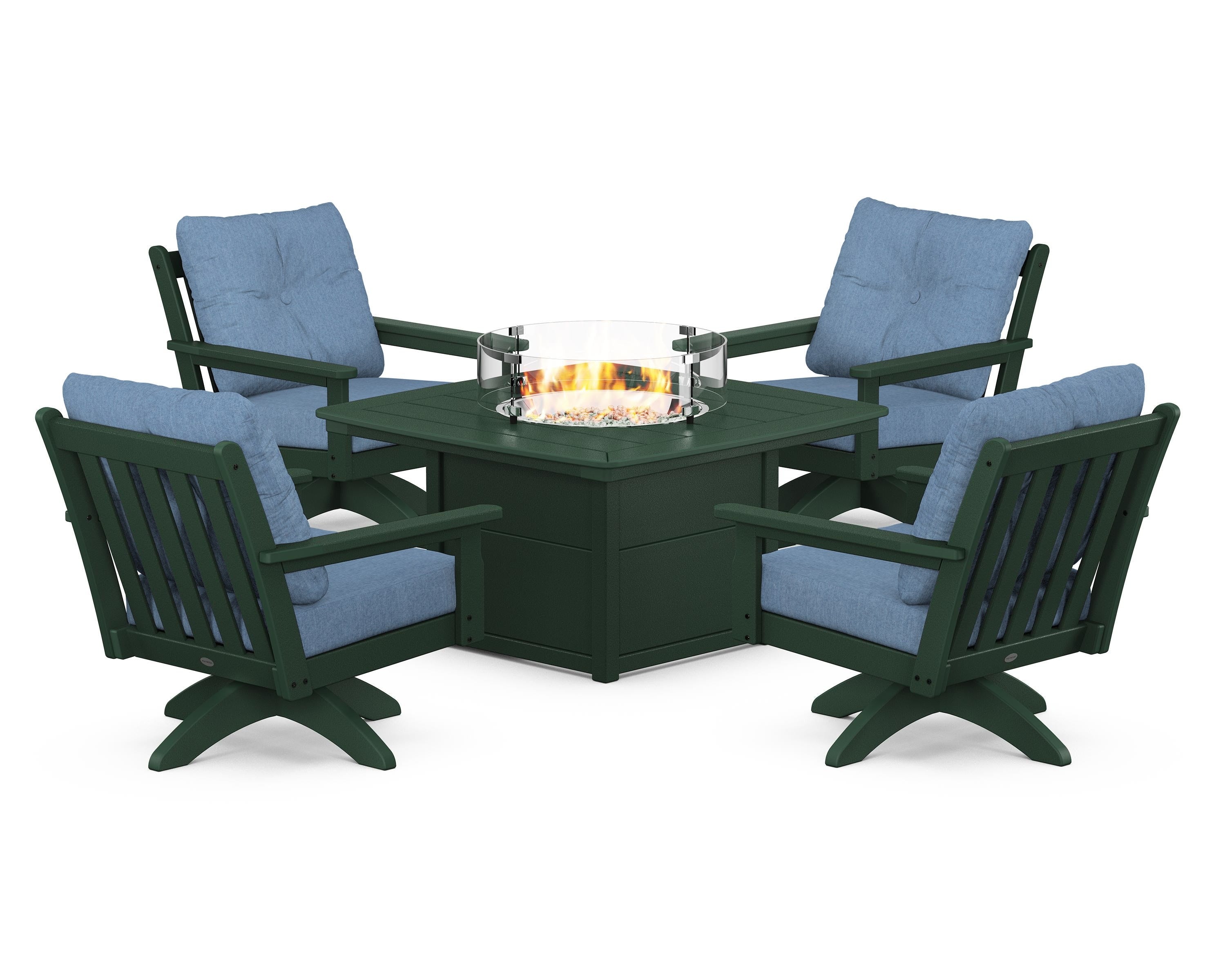 POLYWOOD Vineyard 5-Piece Deep Seating Swivel Conversation Set with Fire Pit Table in Green / Sky Blue