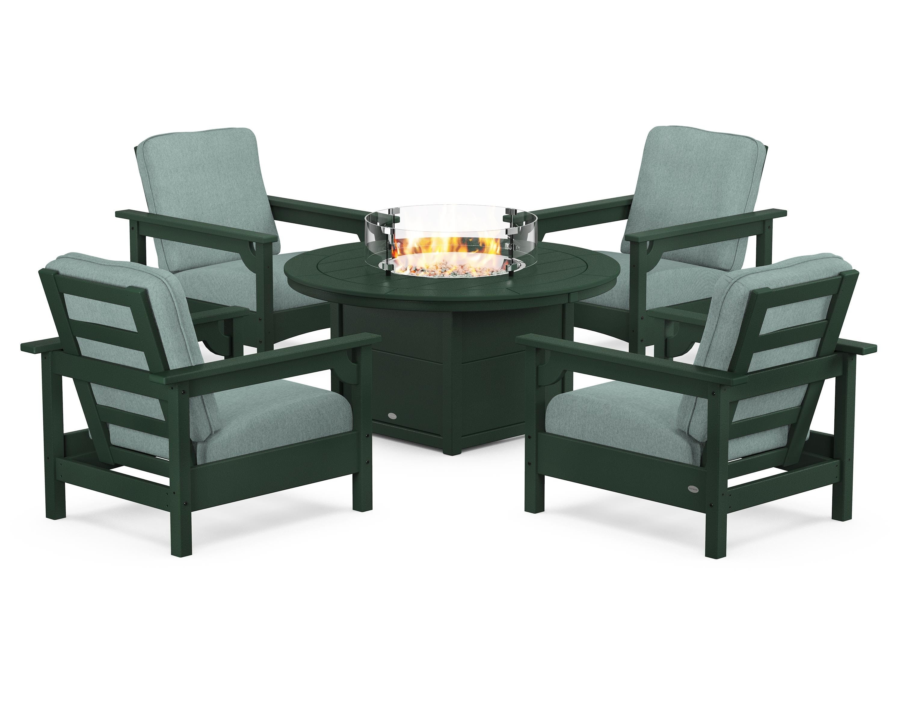 POLYWOOD Club 5-Piece Conversation Set with Fire Pit Table in Green / Glacier Spa
