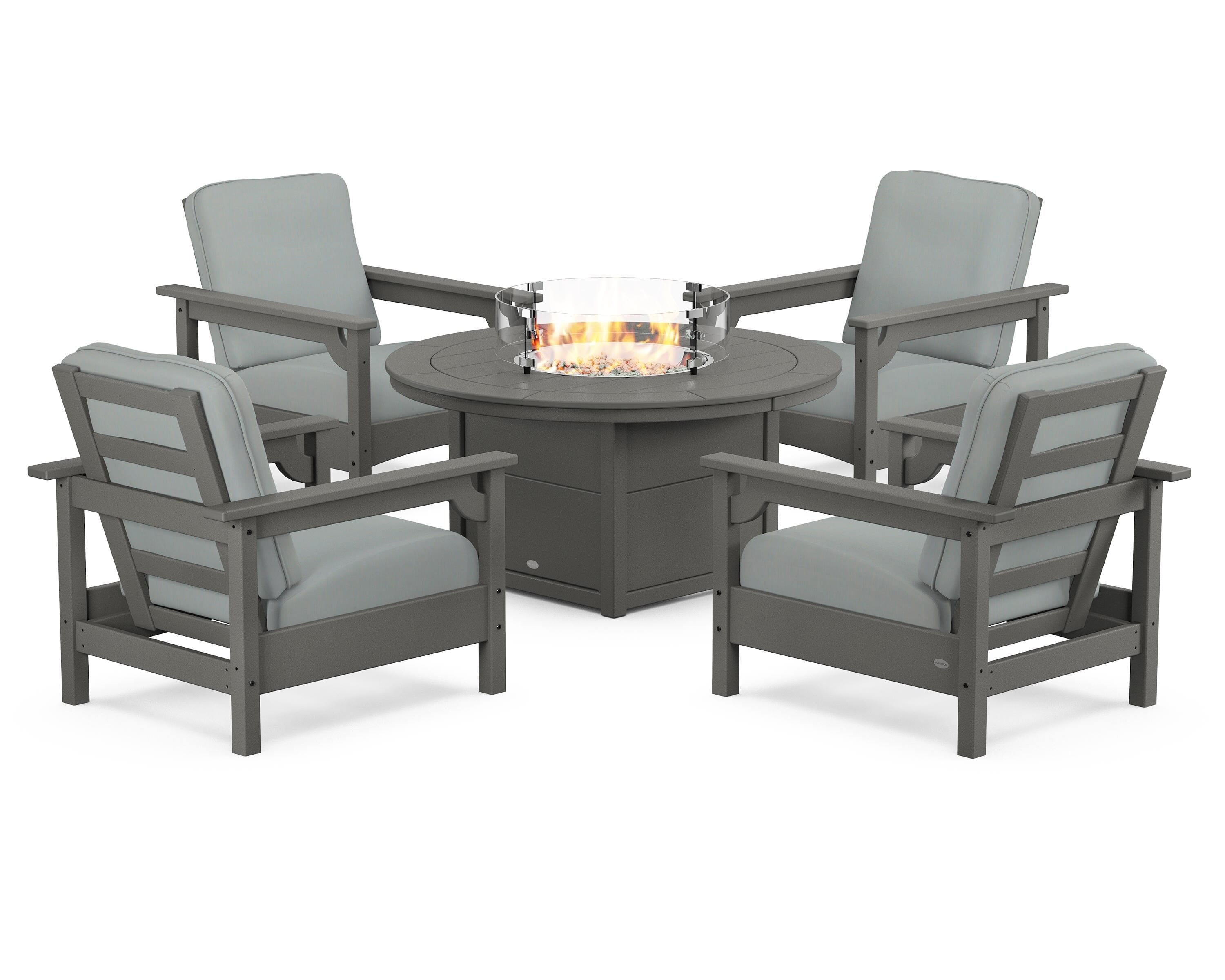 POLYWOOD Club 5-Piece Conversation Set with Fire Pit Table in Slate Grey / Spa
