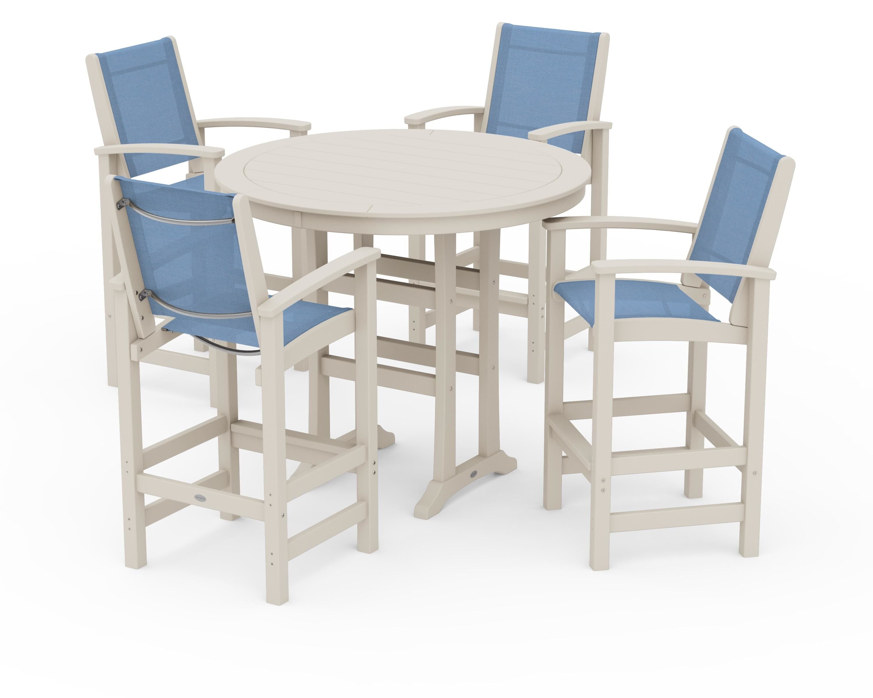 POLYWOOD Coastal 5-Piece Nautical Trestle Bar Set in Sand / Poolside Sling