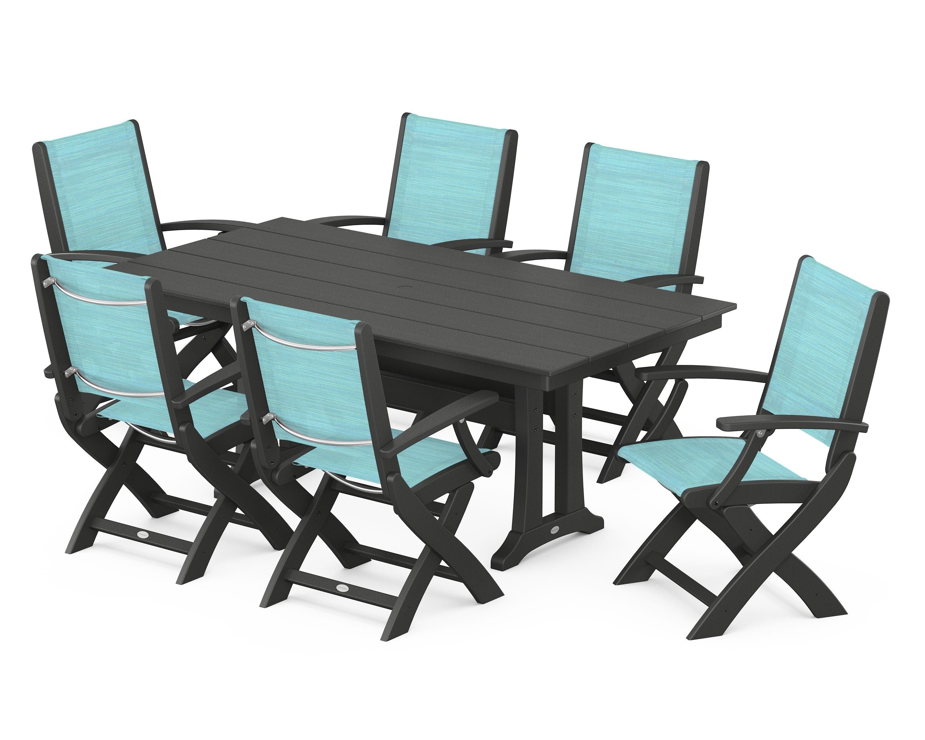 POLYWOOD Coastal Folding Arm Chair 7-Piece Farmhouse Dining Set with Trestle Legs in Black / Dupioni Aquamarine Sling