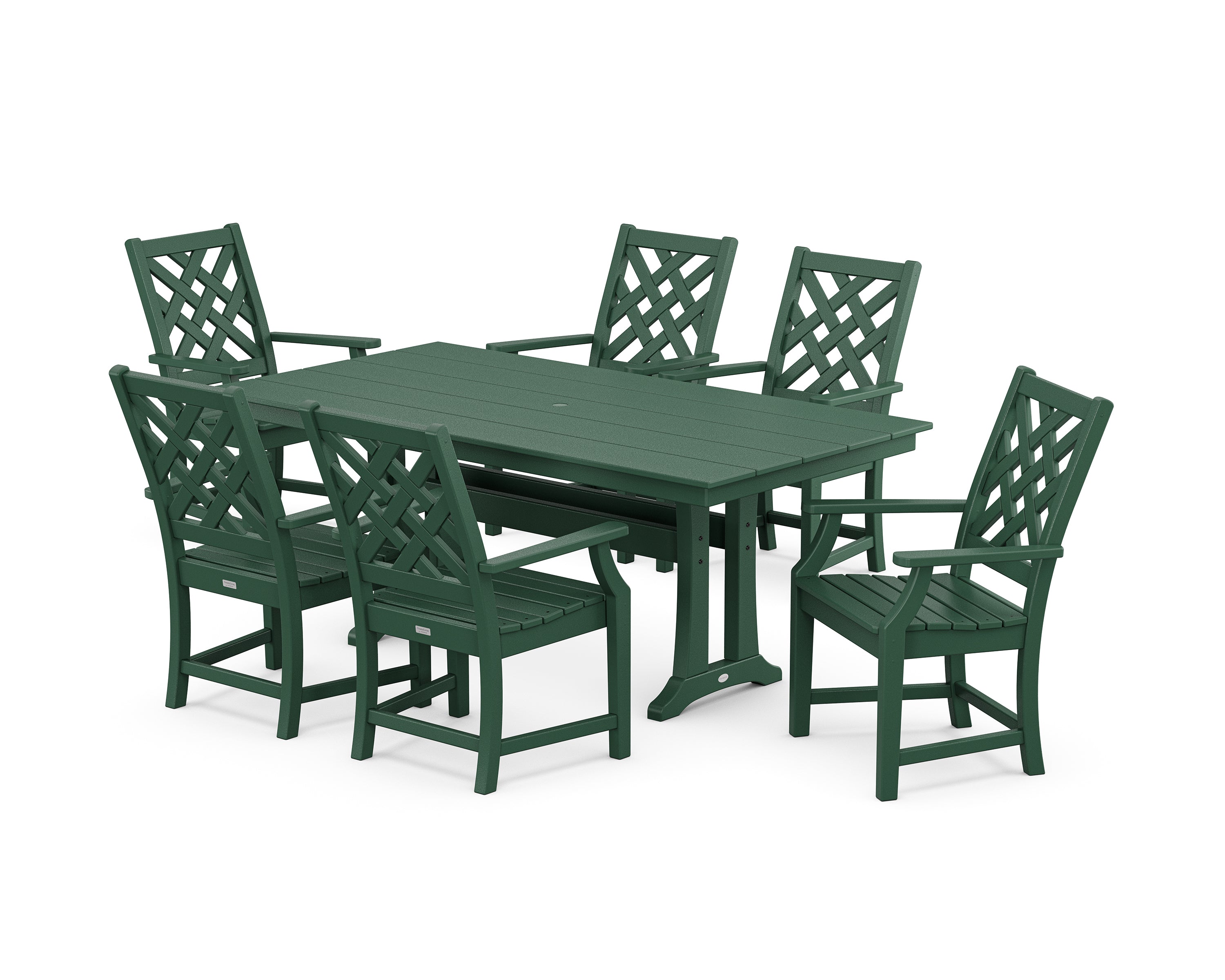 POLYWOOD Wovendale Arm Chair 7-Piece Farmhouse Dining Set with Trestle Legs in Green