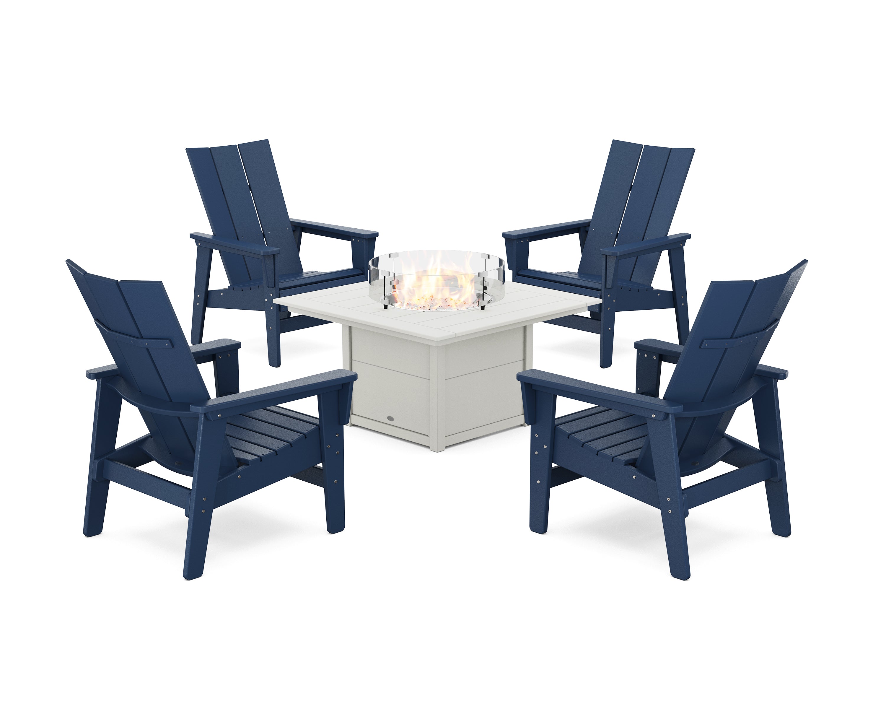 POLYWOOD® 5-Piece Modern Grand Upright Adirondack Conversation Set with Fire Pit Table in Navy / White