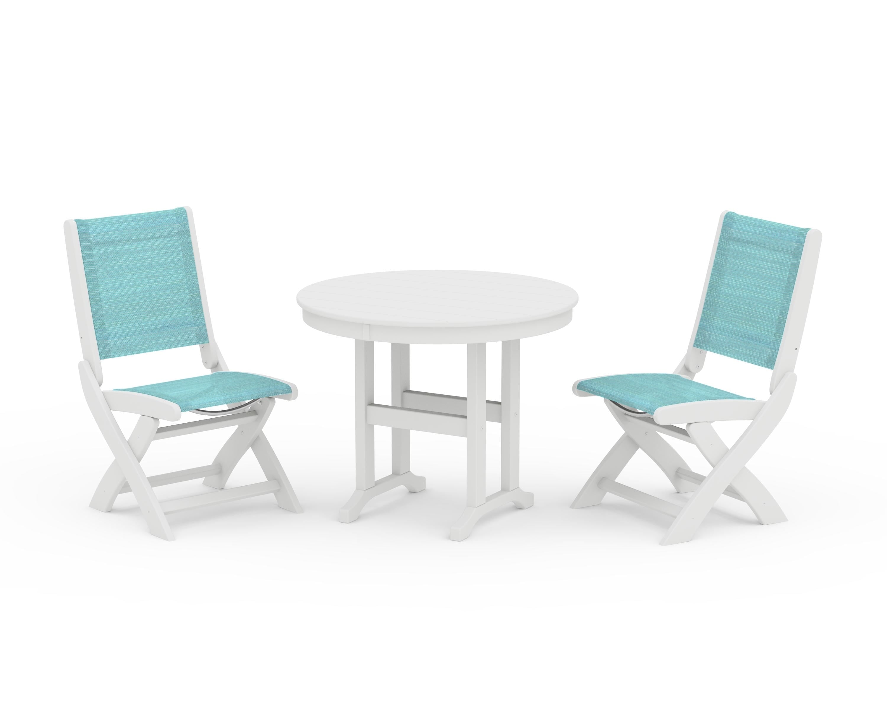 POLYWOOD Coastal Folding Side Chair 3-Piece Round Dining Set in White / Dupioni Aquamarine Sling