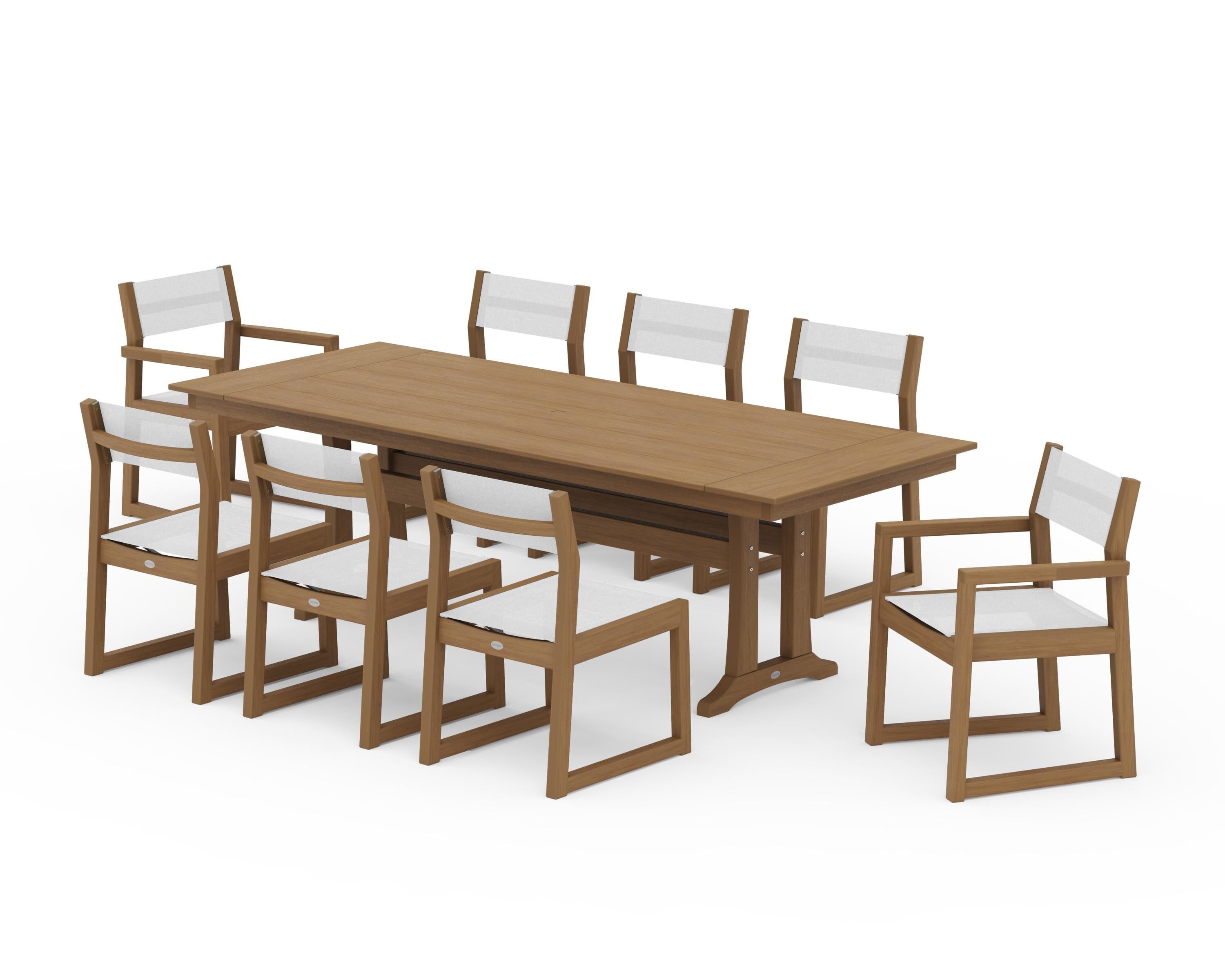 POLYWOOD EDGE Sling 9-Piece Farmhouse Trestle Dining Set in Natural / White Sling