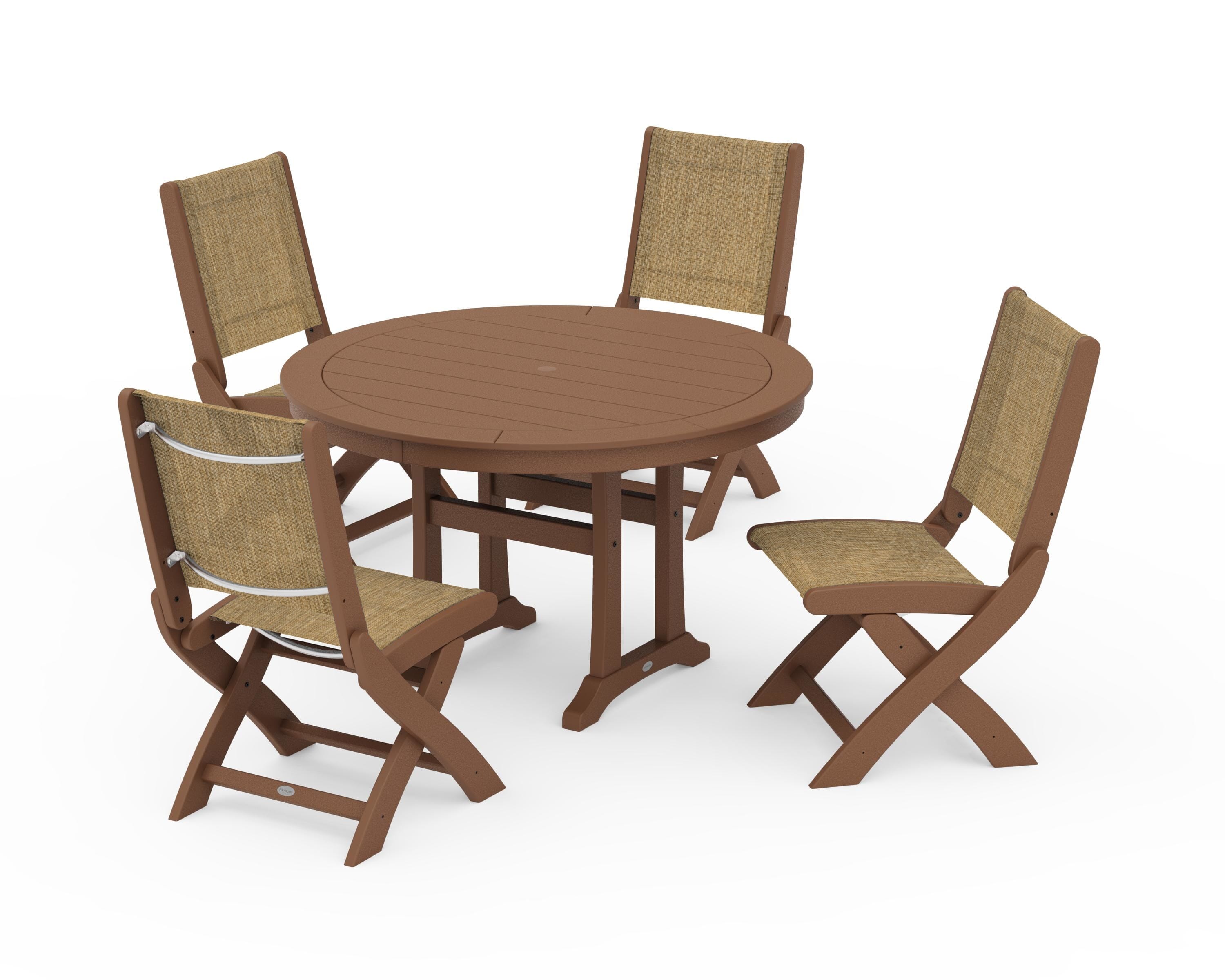 POLYWOOD Coastal Folding Side Chair 5-Piece Round Dining Set With Trestle Legs in Teak / Burlap Sling